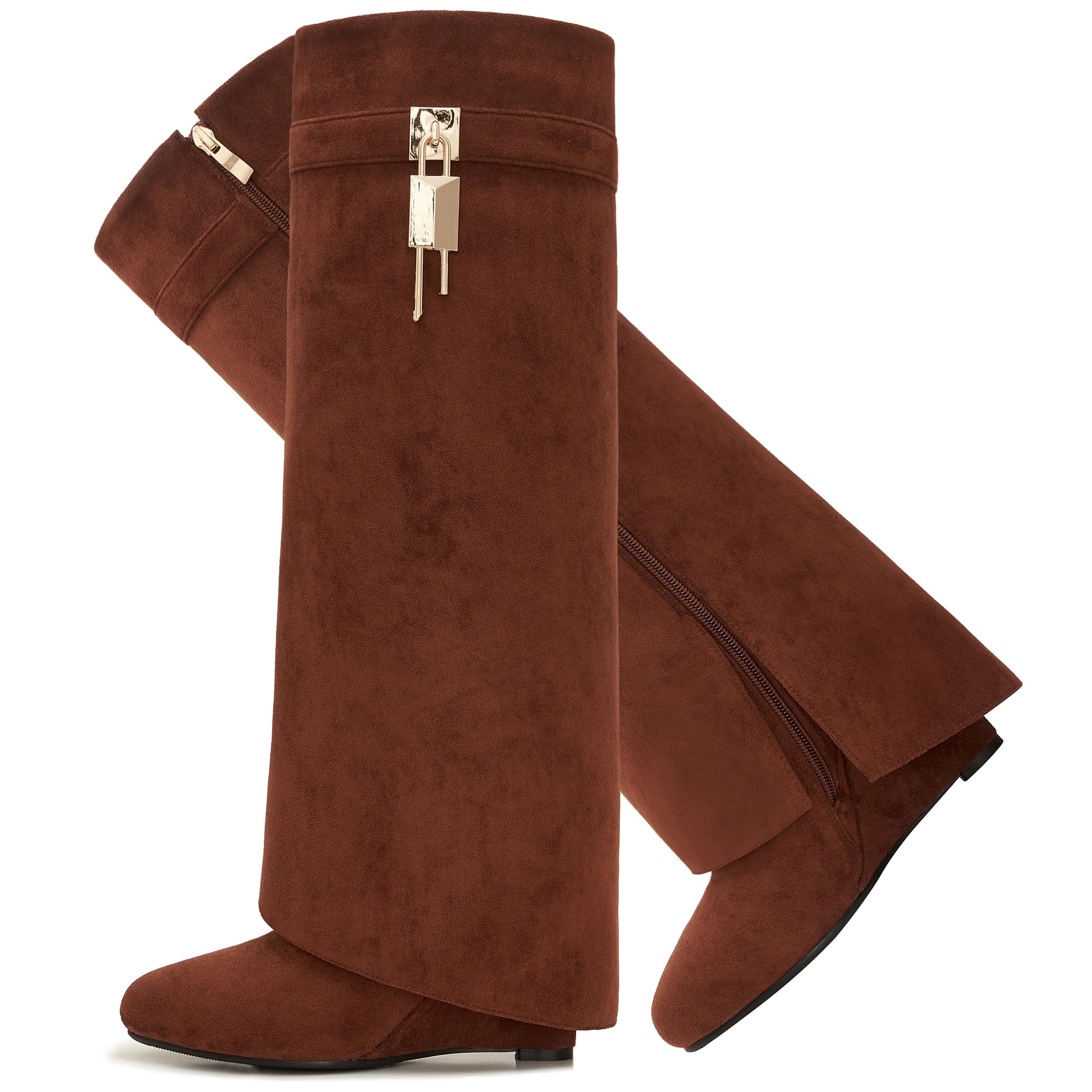 Women's Fold Over Knee High Shark Boots 4-Inch Wedge Heel Side Zipper