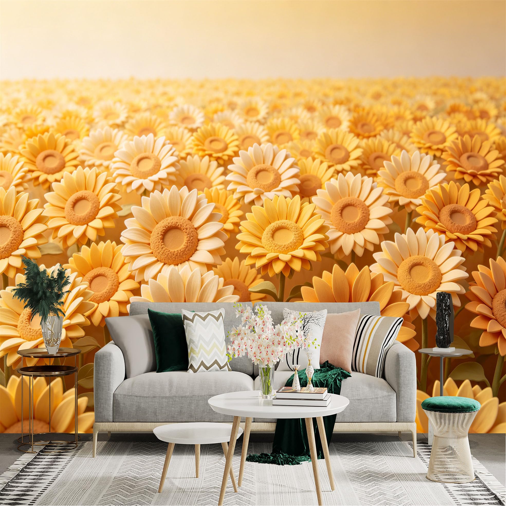 Lnzczhyre Dbh260521837 Custom Size Wall Sticker Mural， Yellow Sunflowers Field， Summer Floral Landscape， Vibrant Botanical Nature， For Wall Decoration， Peelandstick Wall Decals.