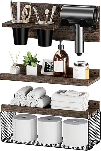 Puricon Estantes flotantes de baño con soporte para secador de pelo, juego de organizadores de madera rústica de 3 niveles montados en la pared,