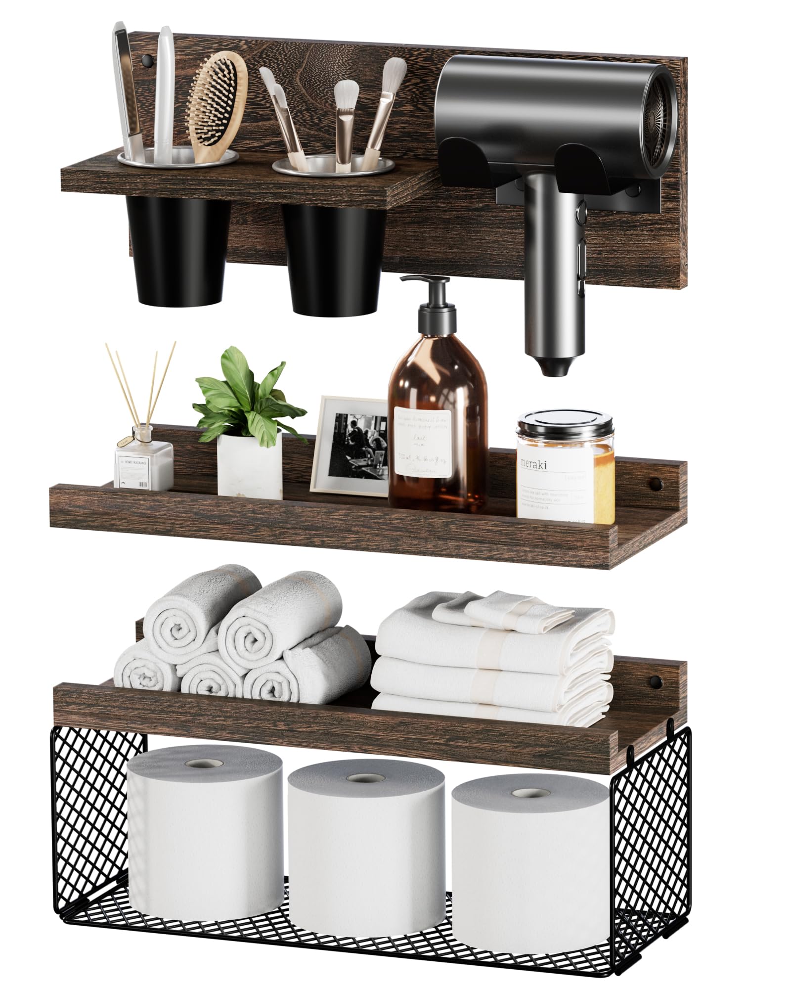 Puricon Floating Bathroom Shelves with Hair Dryer Holder, 3-Tier Rustic Wood Wall Mounted Organizers Set, Space Saving Over-Toilet Storage and Home Decor Hanging Rack -Dark Brown