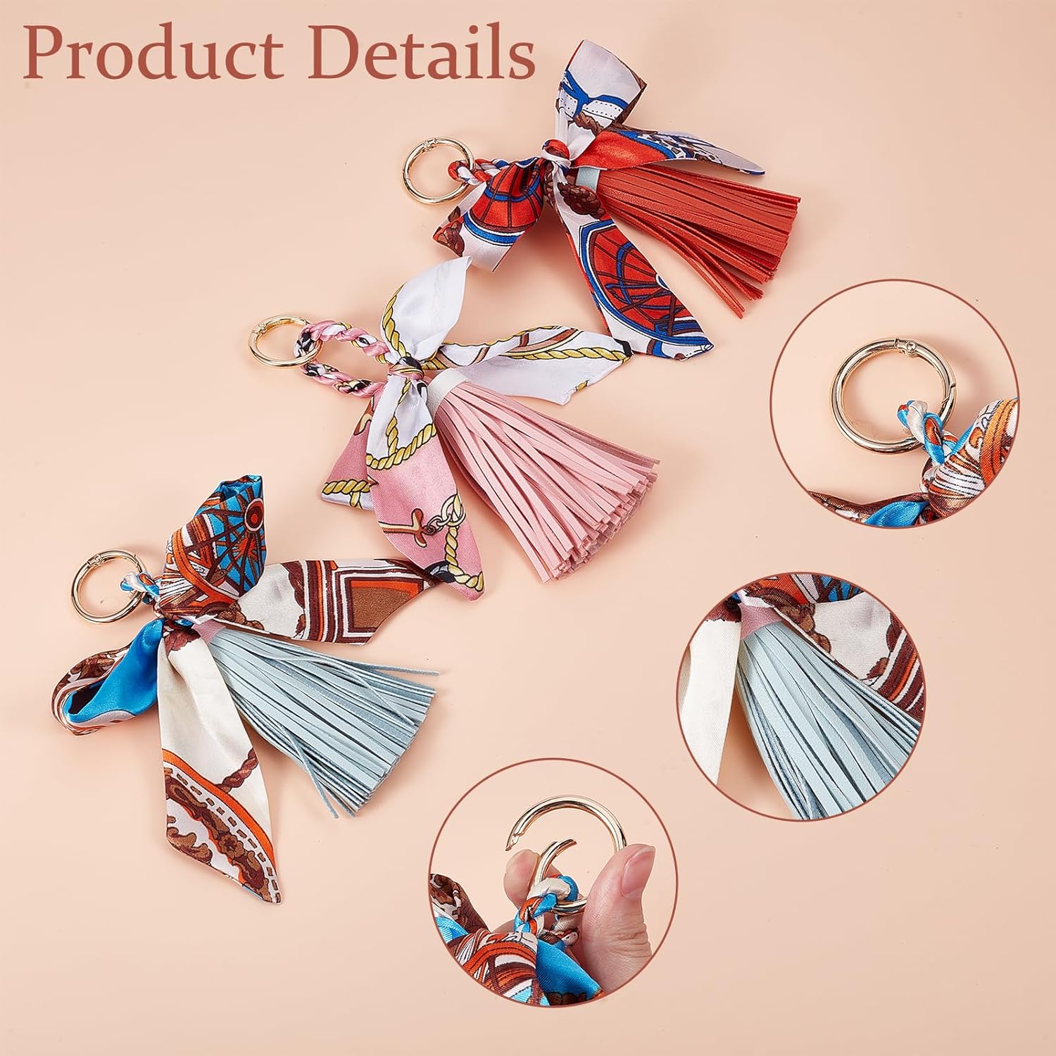 NICENEEDED 3 PCS Silk Ribbon Bow Tassel, 6.7 Inch PU Leather Tassel Keychain with Alloy Key Rings and Bowknot Ribbon, Bag Pendant Charm Decorative Accessories for Women Purse Handbag Decor - Image 4