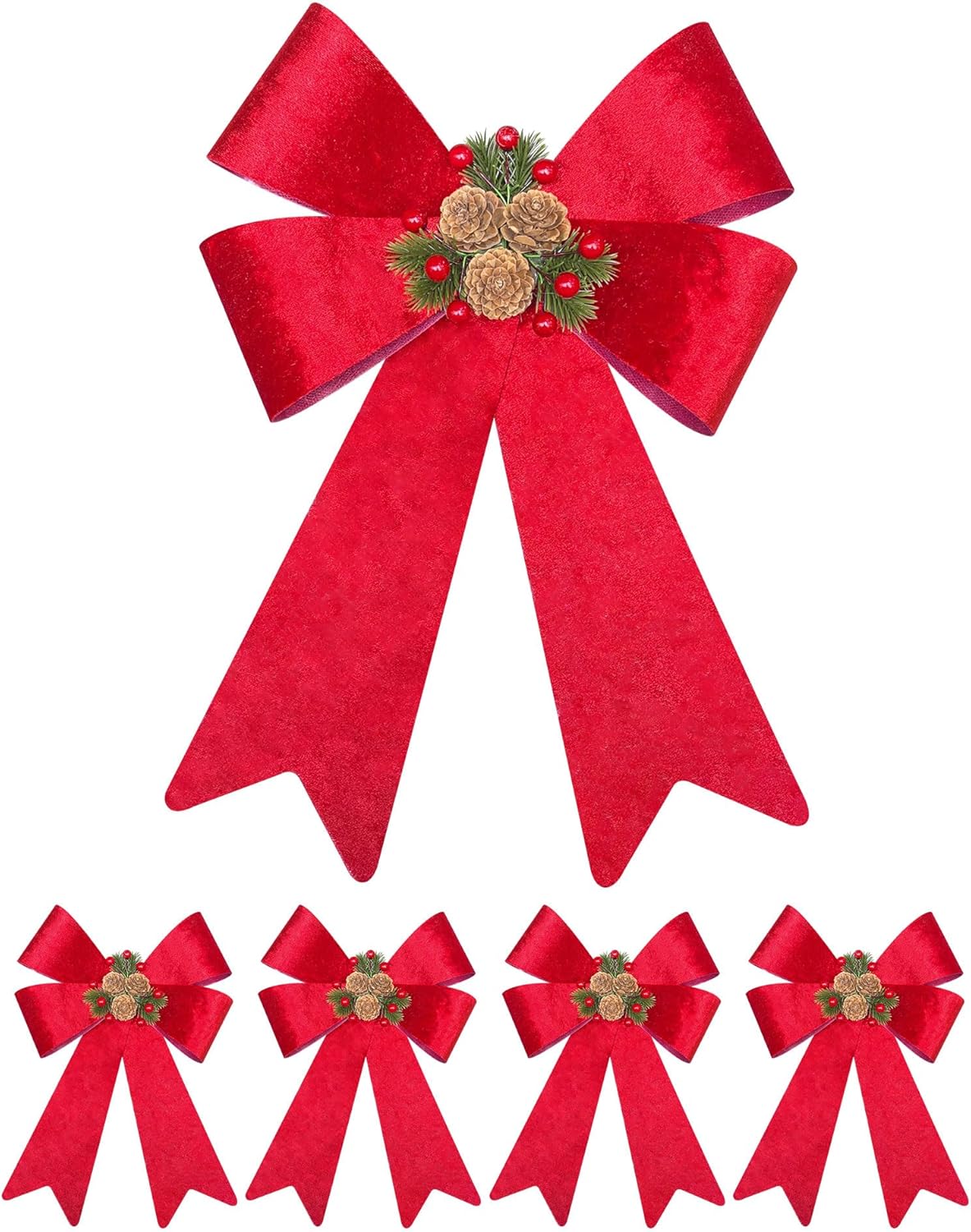 4-Pack Christmas Bows with Pine Cones, Large Red Velvet Christmas Tree Bows Decorations - for Christmas Wreath Decorations, Xmas Tree Ornaments, Wreaths, Gift Wrapping, Home Door Porch Holiday Decor 4pack Red Soft Fleece(l)