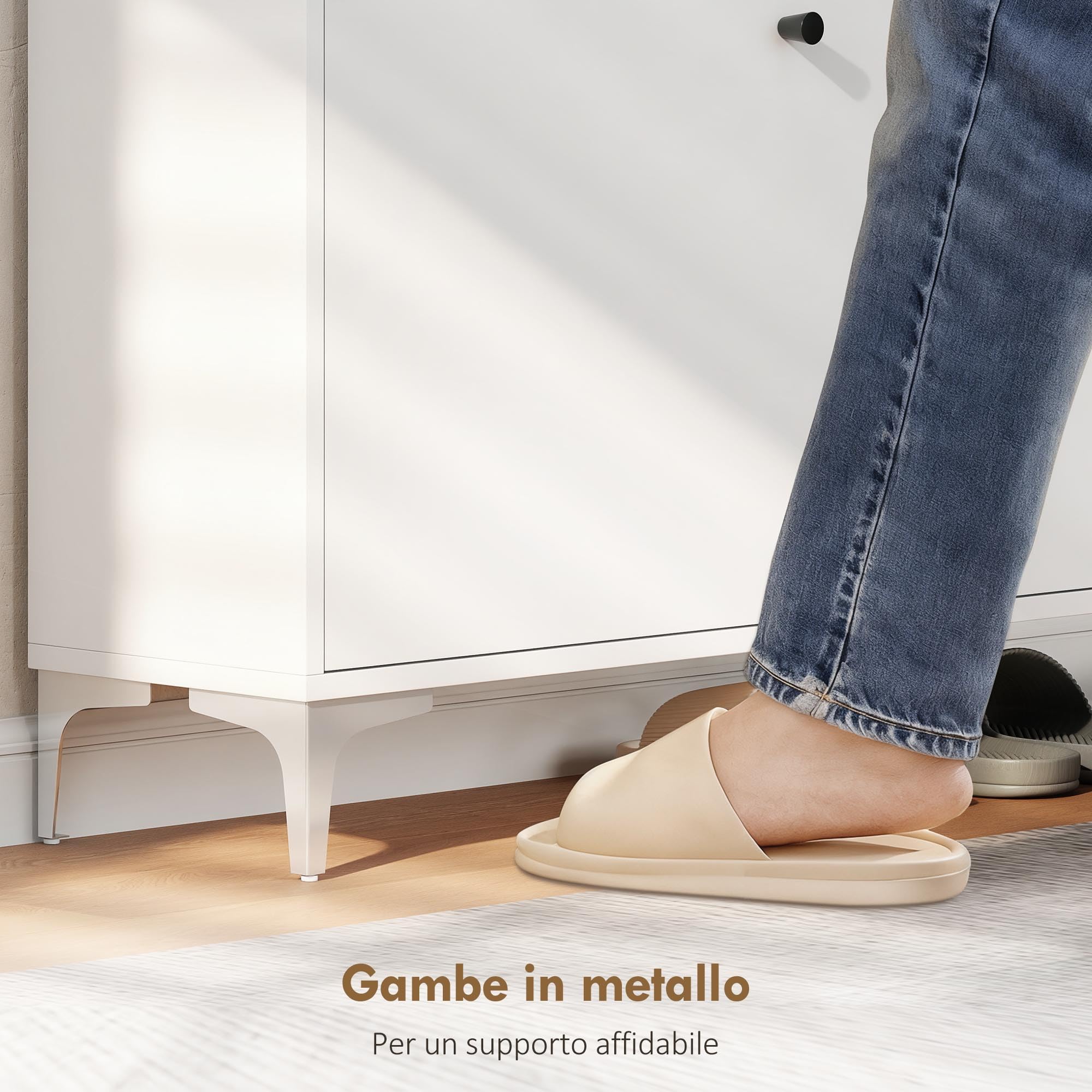 HOMCOM Scarpiera Salvaspazio Slim con 2 Ante a Ribalta, Scarpiera Ingresso con Ripiani Regolabili, Piano Superiore e Base Rialzata, Porta Scarpe per 16 Paia in Legno con Maniglia, 80x24x101 cm, Bianco