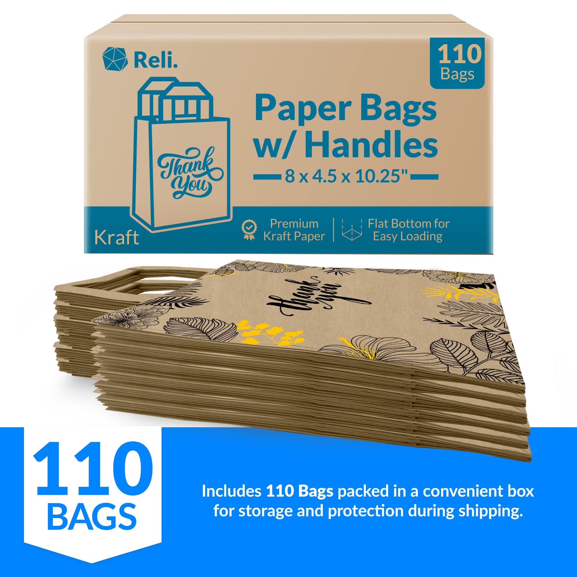 Reli. Paper Bags | 110 Pcs Bulk | 8"x4.5"x10.25" | Paper Thank You Bags | Brown Kraft Handles | Printed Small Thank You Giftbag for Guests | Gifts, Wedding, Merchandise, Business