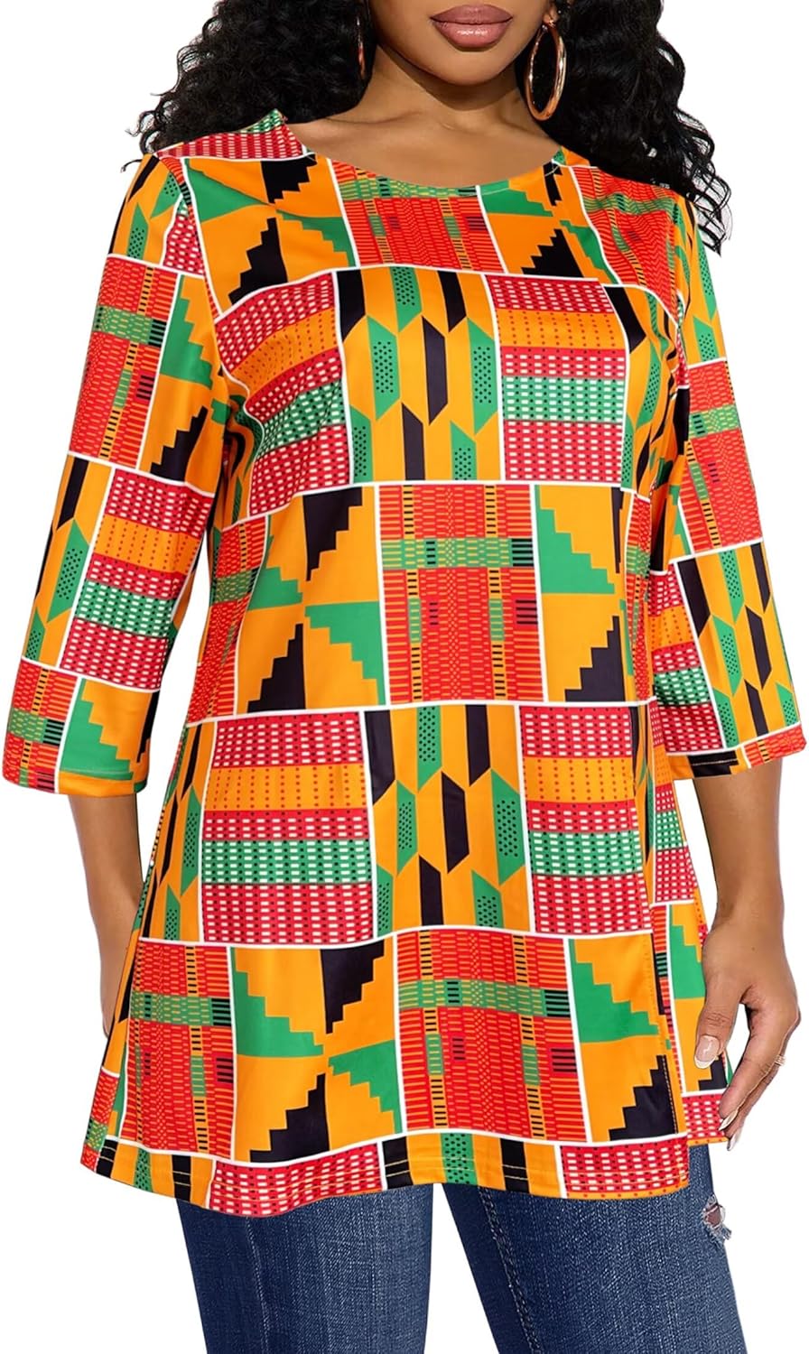 Afibi Womens Print Shirt African Dashiki 3/4 Sleeve Boho Loose Tunic Tops - Image 4