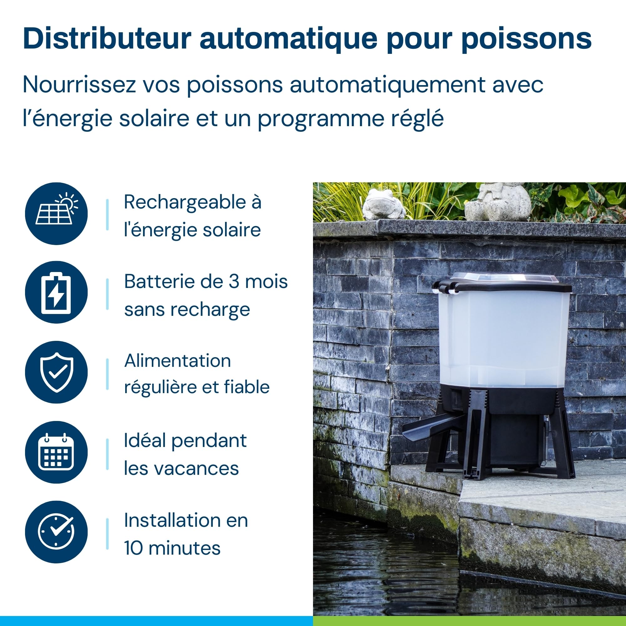 BluFeeder - Mangeur Automatique de Poissons, pour Étang, avec Batterie et Énergie Solaire, pour Vacances et Régime, Koi, Exterieur, Résistant a l'humidité, Fish Feeder - 6L Capacité