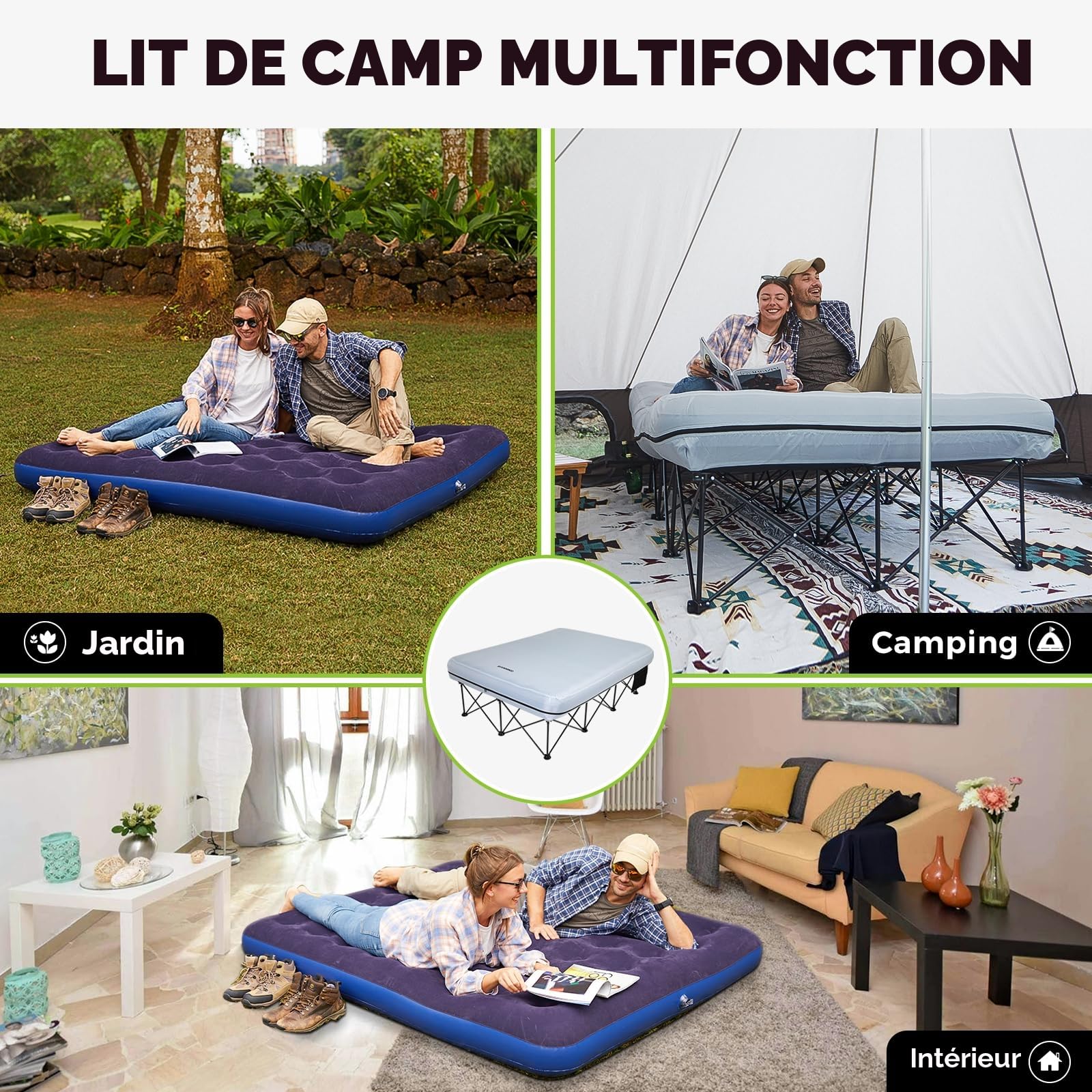 FUNDANGO Lit de Camp Double Avec Matelas Pneumatique, Pliable Pour 2 Personnes, Portable Avec Pompe à Air, Table d'Appoint, Pour Voyage, Pêche