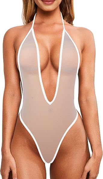 SHERRYLO One Piece Swimsuit Sheer Thong Bathing Suit High Cut See Through Bodysuit for Women Sexy Transparent Mesh Swimsuits