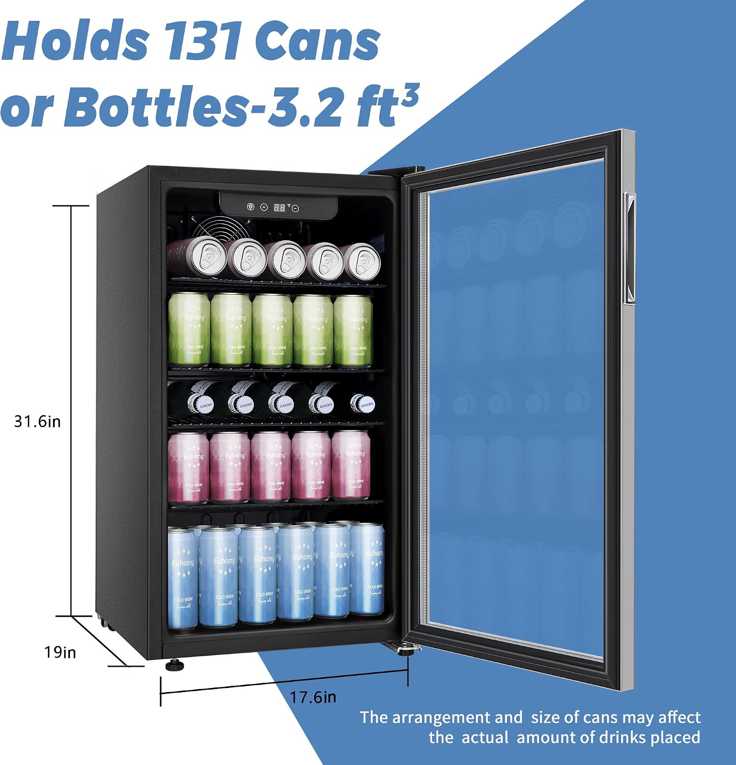  26 Bottle 131 Can Beverage Refrigerator, Mini Fridge with Glass Door, Quiet Compressor and Adjust Temperature, Freestanding 3.2 Cu.ft Beverage Cooler, Silver thumbnail