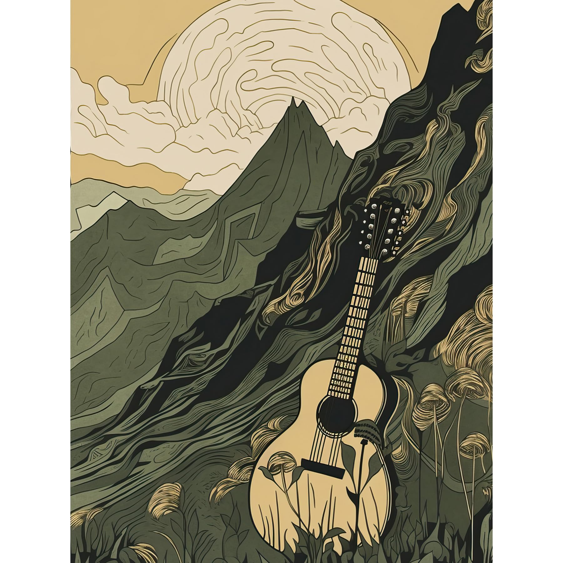 Artery8 Guitar on Mountain Landscape Morning at Campsite Large Wall Art Poster Print Thick Paper 18X24 Inch