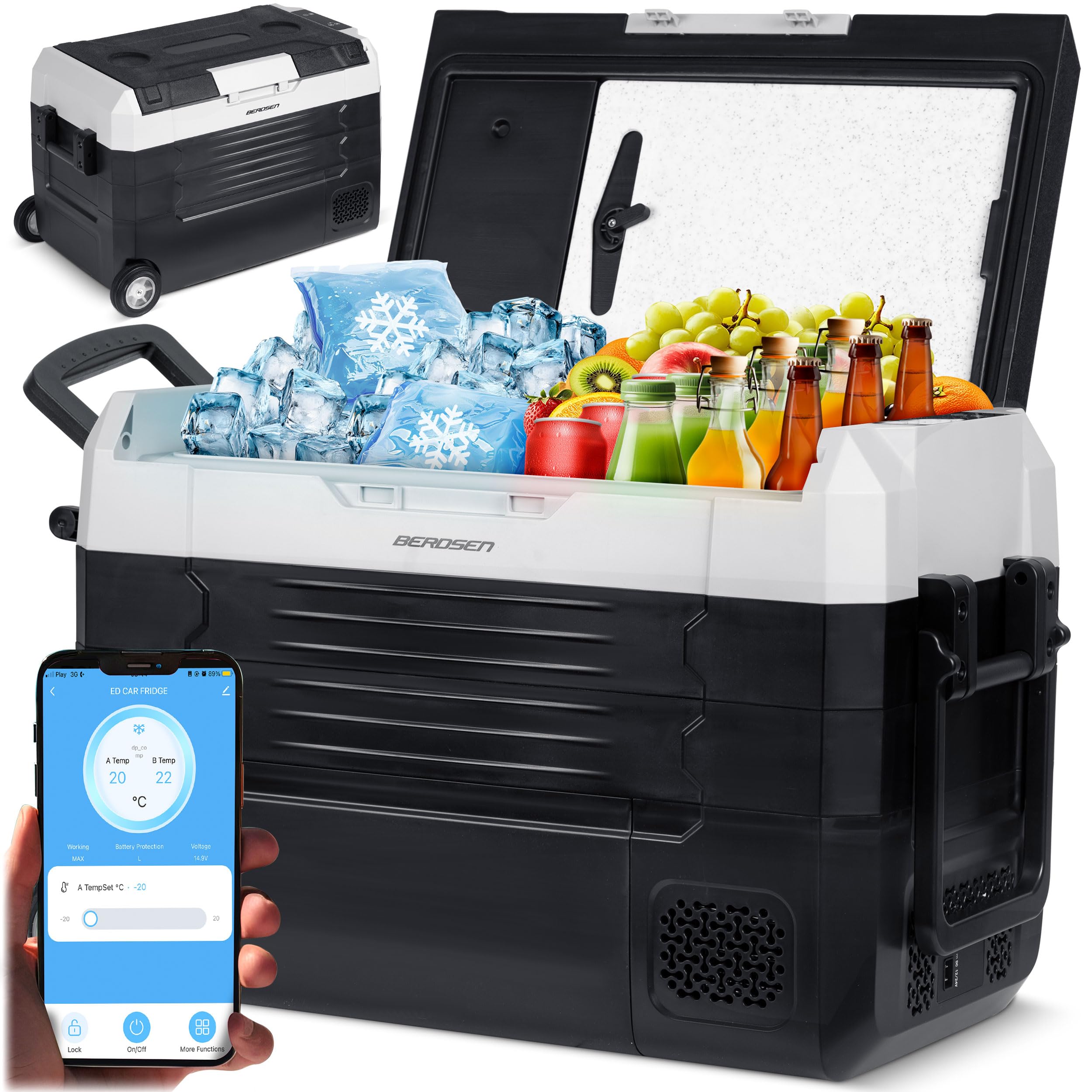Berdsen Icemax 400 Kompressor Kühlbox 40L – tragbare 2-Zonen Gefrierbox – 12V/24V & 230V Auto Camping Kühlschrank – Bluetooth App – ECO/MAX – bis -20 °C – 45 dB