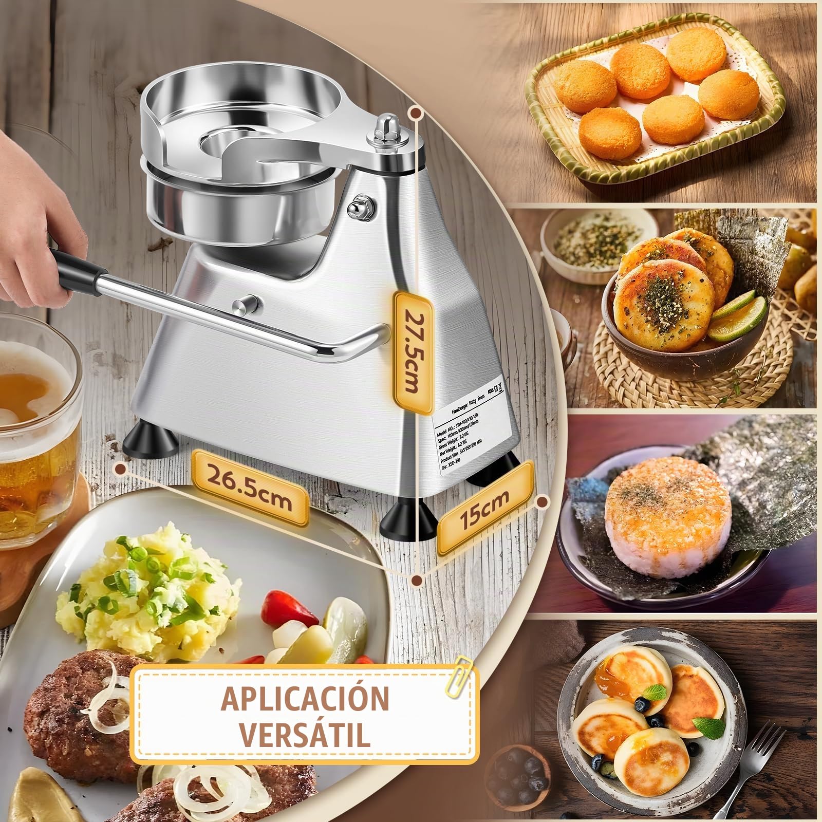 Moongiantgo 3-in-1 Máquina de Prensa de Hamburguesas de Acero Inoxidable | Prensa de Hamburguesa Comercial con 3 Bandejas Desmontables de Tamaño 4/5/6" & 1500 Papeles para Hamburguesas (10/13/15CM)