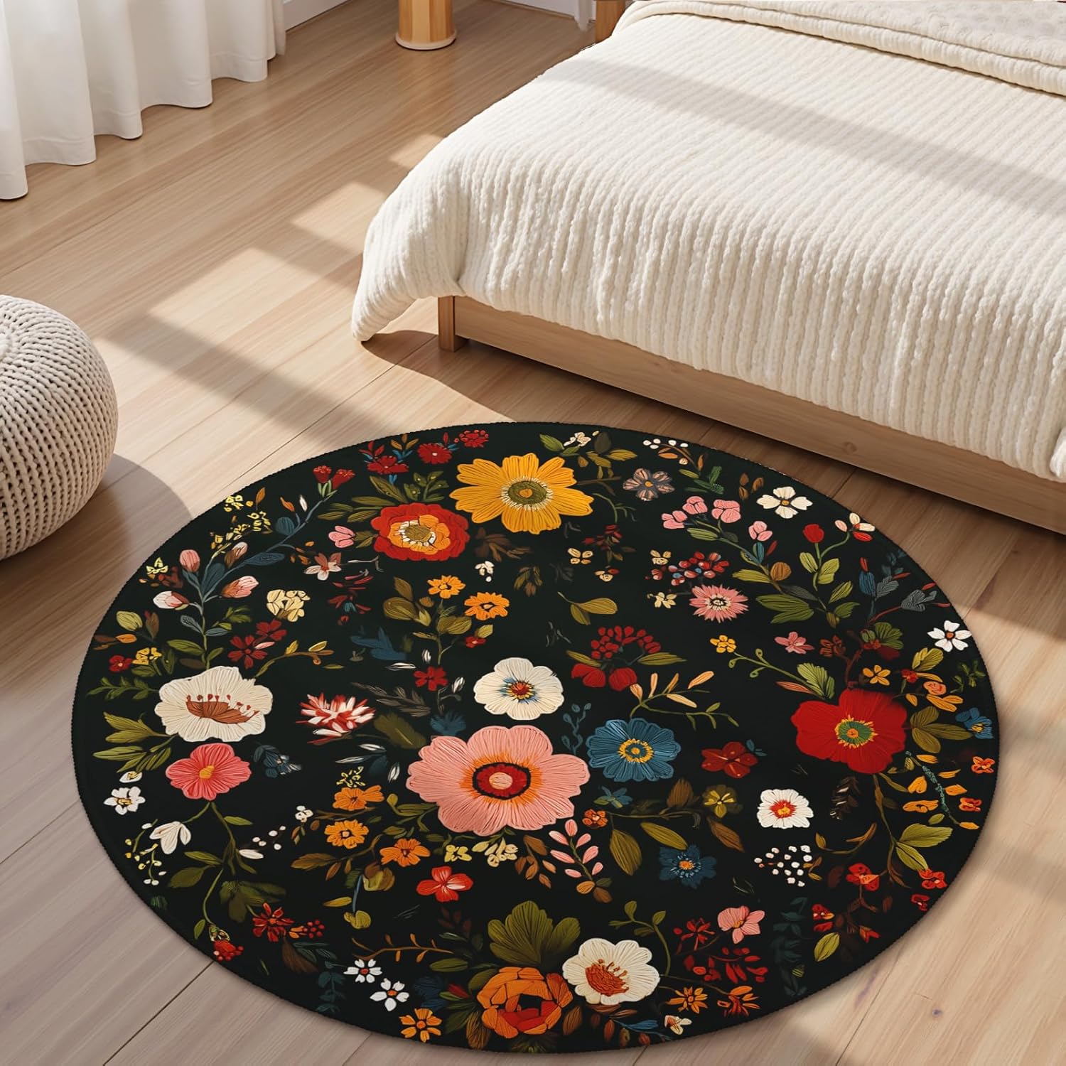 Floral Round Area Rug 5ft,Machine Washable Black Vintage Boho Flowers Leaf Neutral Round Rug Non-Slip Circle Rugs Low-Pile,Indoor Floor Carpet Mat for Living Room Bedroom Kitchen Dining Entryway