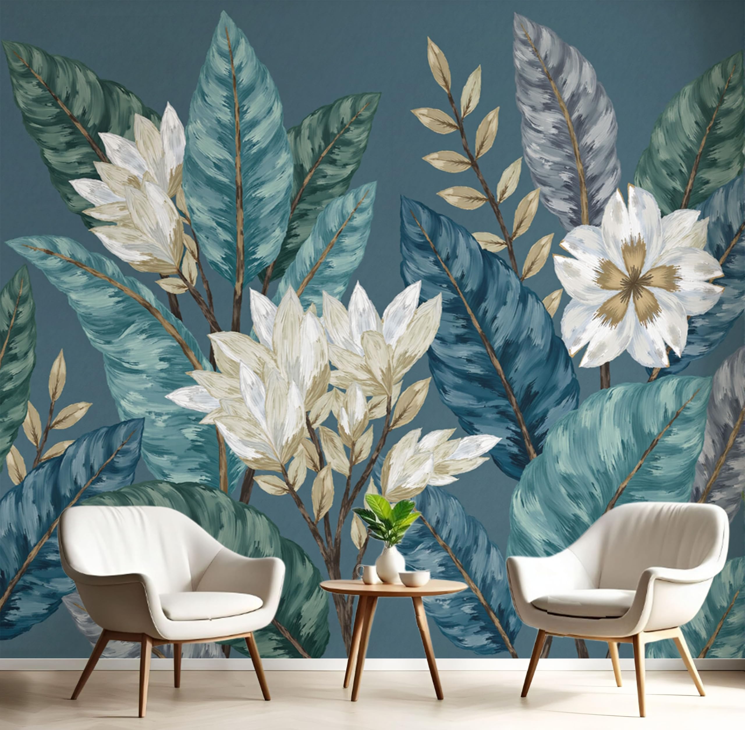 Mural fresque poster XXL pour grand mur vide : papier peint salon feuilles turquoise