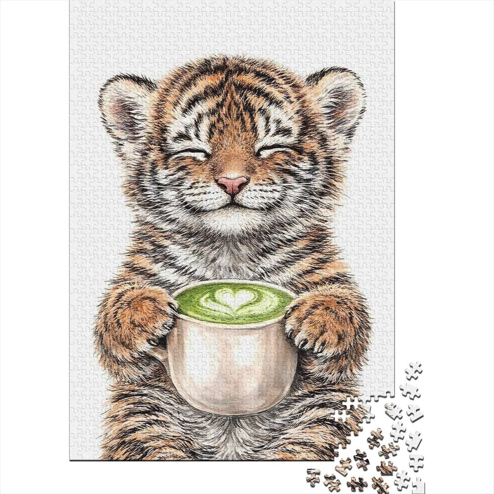 Cute Tiger Cub with Matcha Latte 1000 Pieces Puzzle, Tiger Themed Theme, Relaxing Jigsaw Puzzle for Adults, 52x38cm/1000pcs