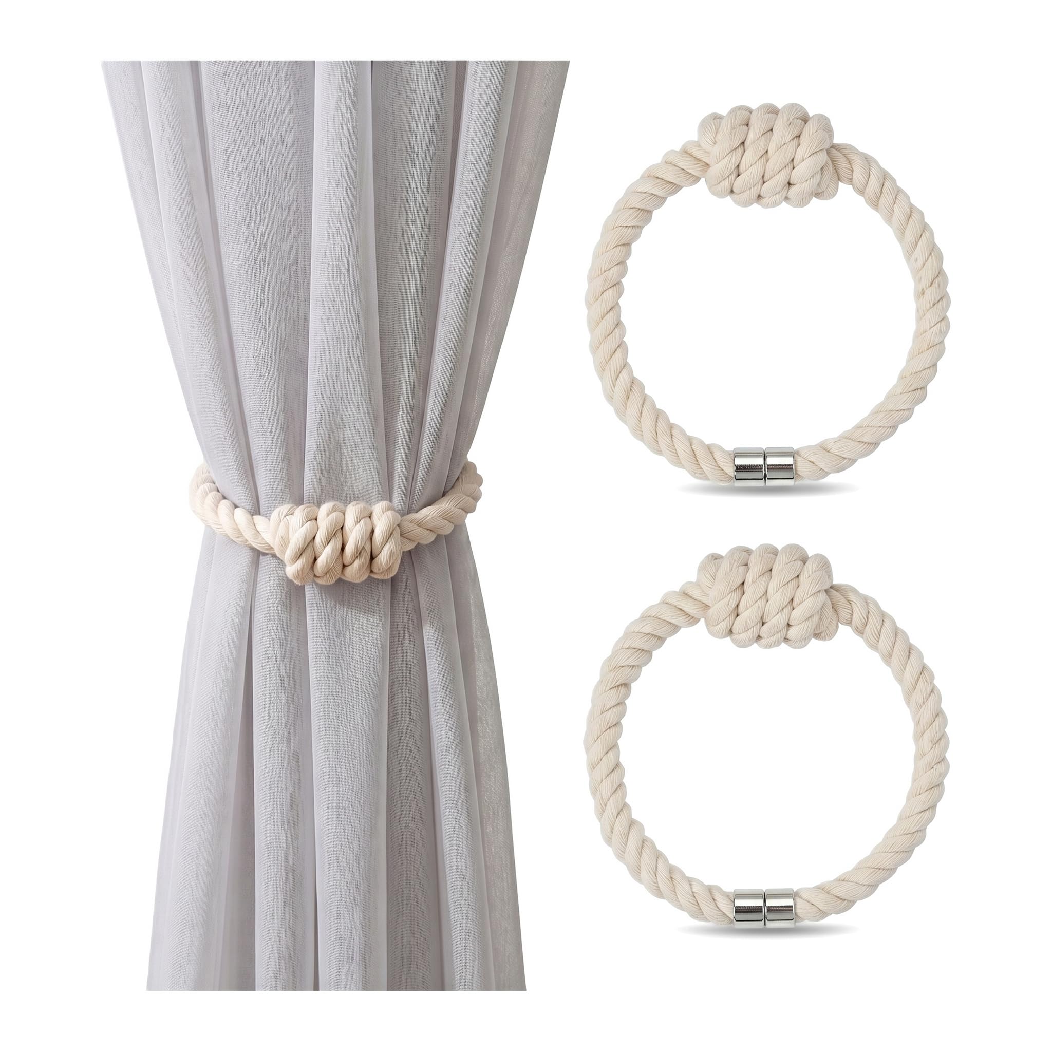 Magnetic Curtain Tie Backs 2 Pack, Boho Curtain Curtain Fixings No Drilling Needed, Hand Woven Cotton Rope Tie Backs for Curtains, Decorative Drapery Holders for Home Office Window Decoration (Beige)