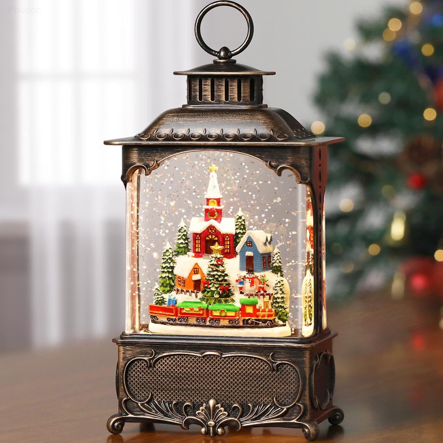 Village Snow Globe Christmas Decorations Gifts Snowman Church Village Scene USB/Battery Timer Music Glitter Snowfall Lantern 10.2 inch