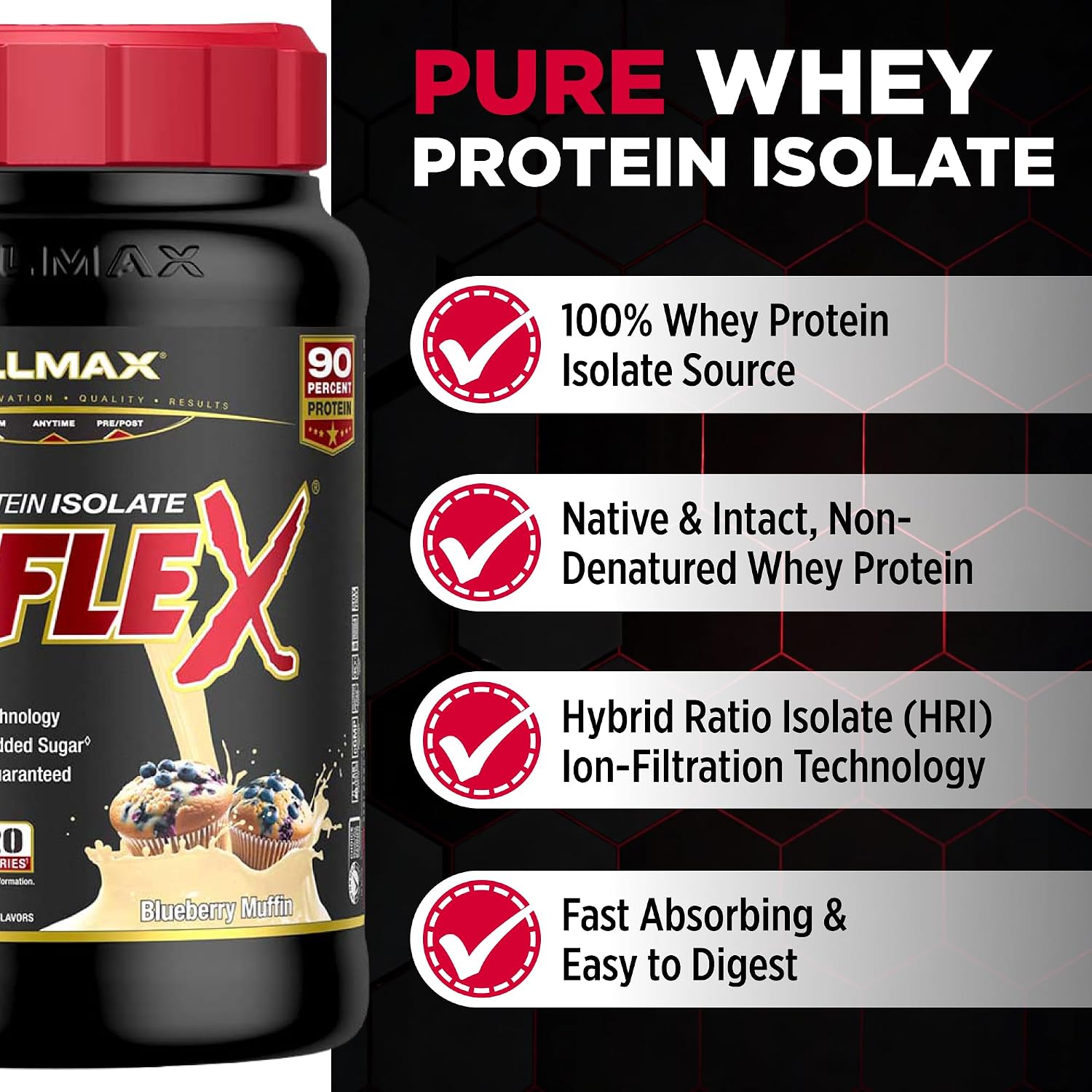 ALLMAX ISOFLEX Pure Whey Isolate Protein Powder - Gluten Free, Low Lactose, Sugar-Free - High-Protein, Clean, Keto-Friendly for Pre Post Workout Supplement for Women and Men | Blueberry Muffin, 2lb