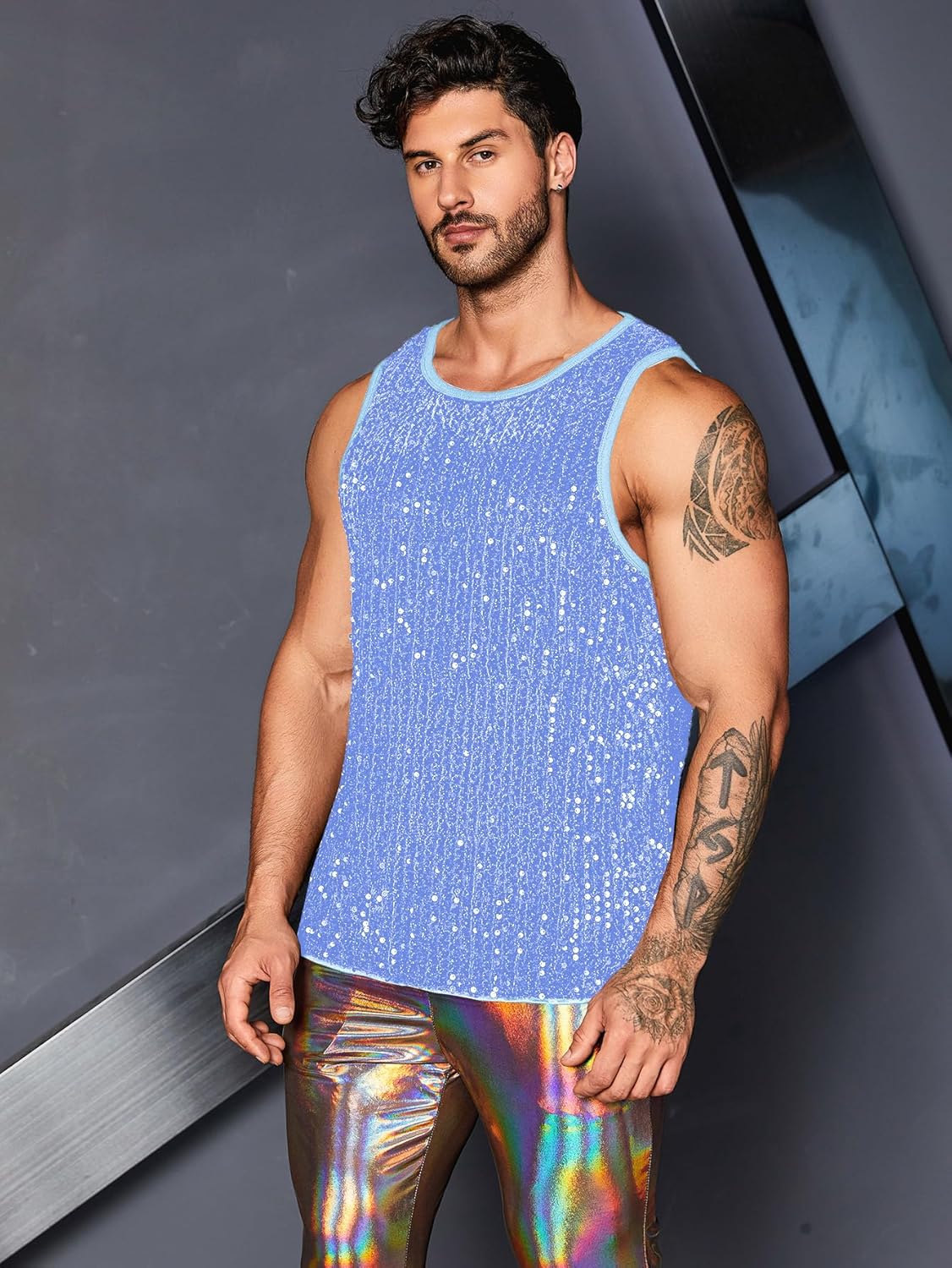 WDIRARA Men's Plus Size Sequin Sleeveless Round Neck Tank Top T Shirt Party Clubwear Top - Image 5