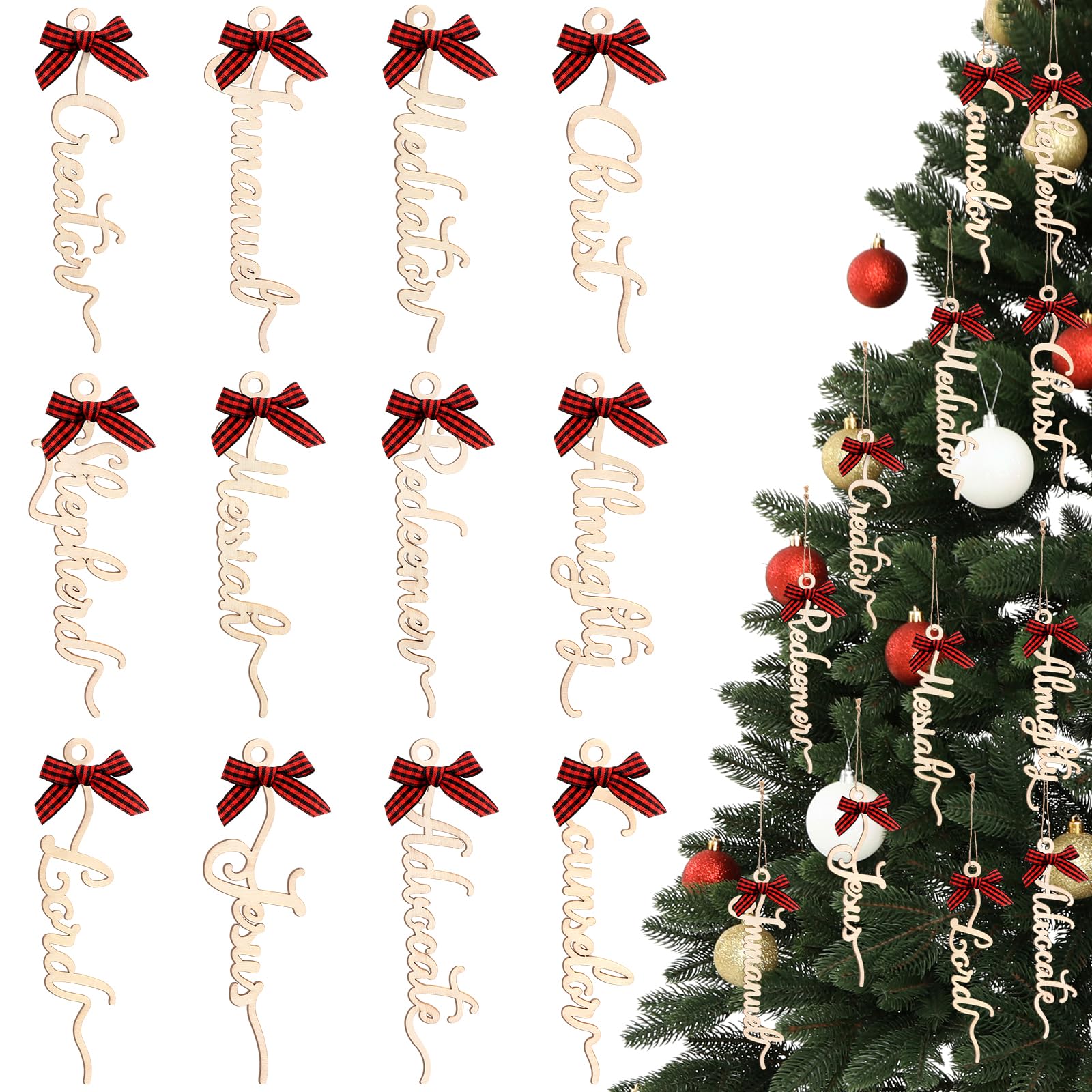 YXSJAS 24 Pcs Names of Jesus Christ Ornament Wood Religious Decorations Farmhouse Christ Hanging Decoration with Savior Names Red Plaid Bow Rope for Church Decor