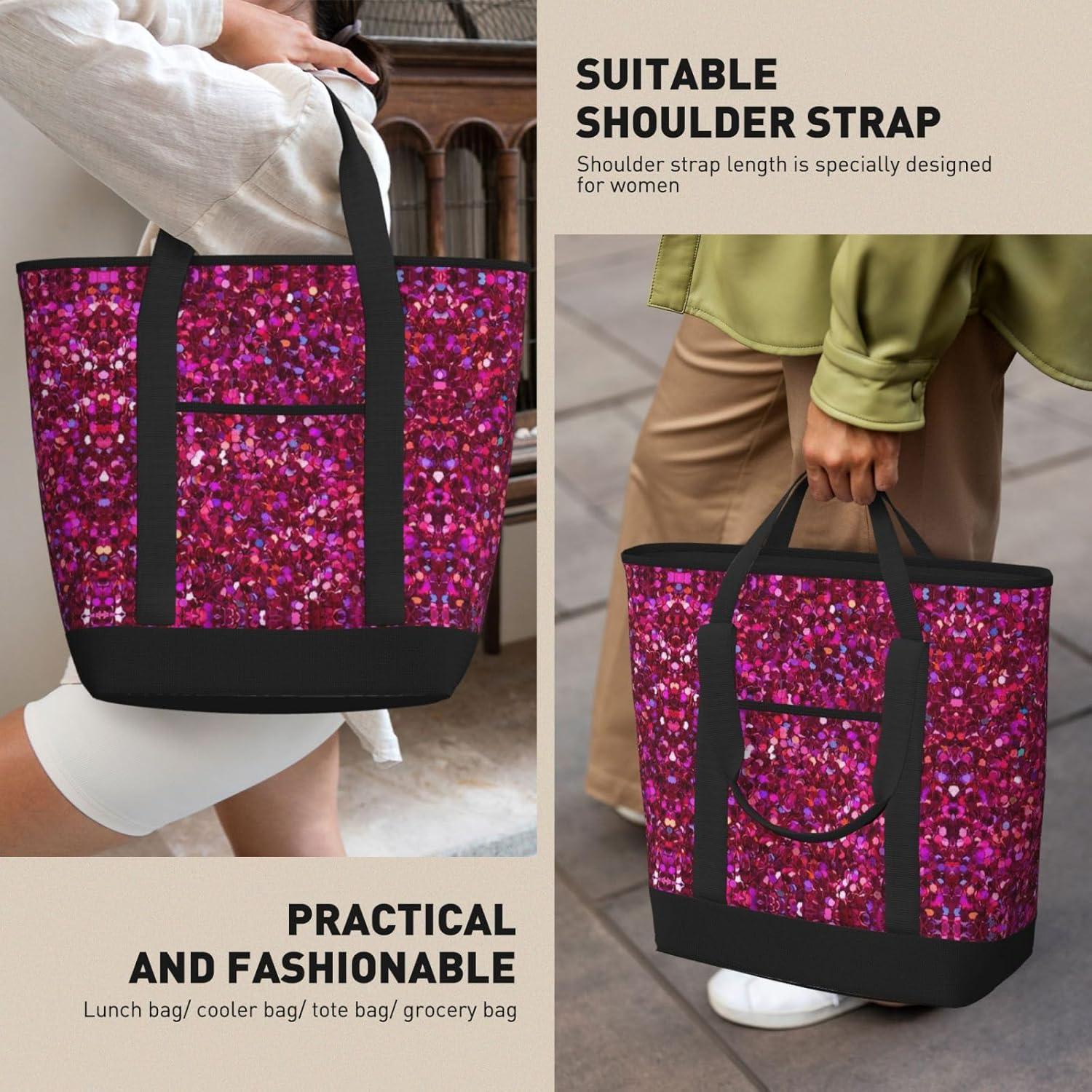 Glitter Pattern Print Large Cooler Bag Tote Bag,Reusable Grocery Bag,Lunch Box Bag, For Picnic Beach Camping