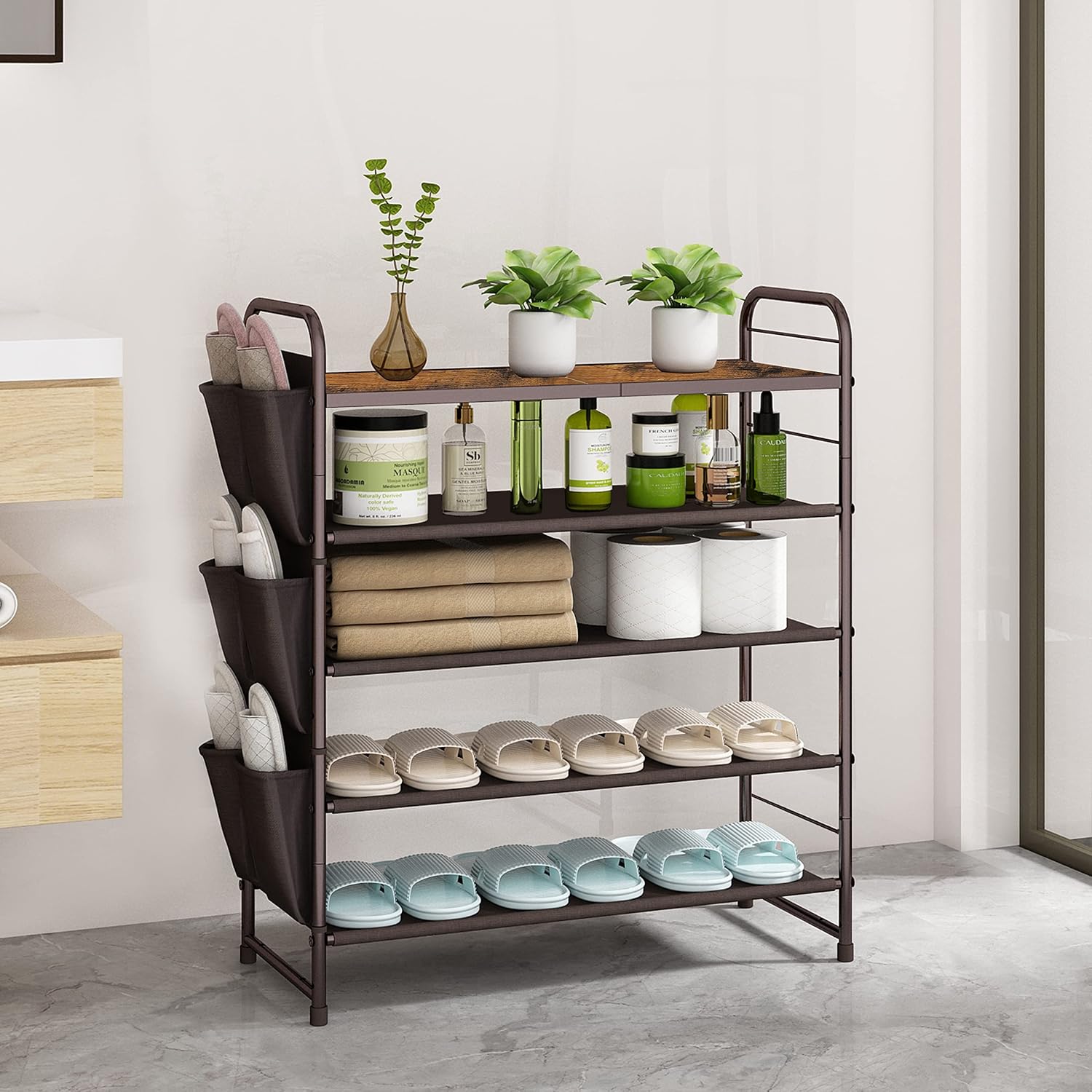 Simple Trending 5-Tier Stackable and Expandable Shoe Rack with Side 6 Shoes Pockets, Bronze