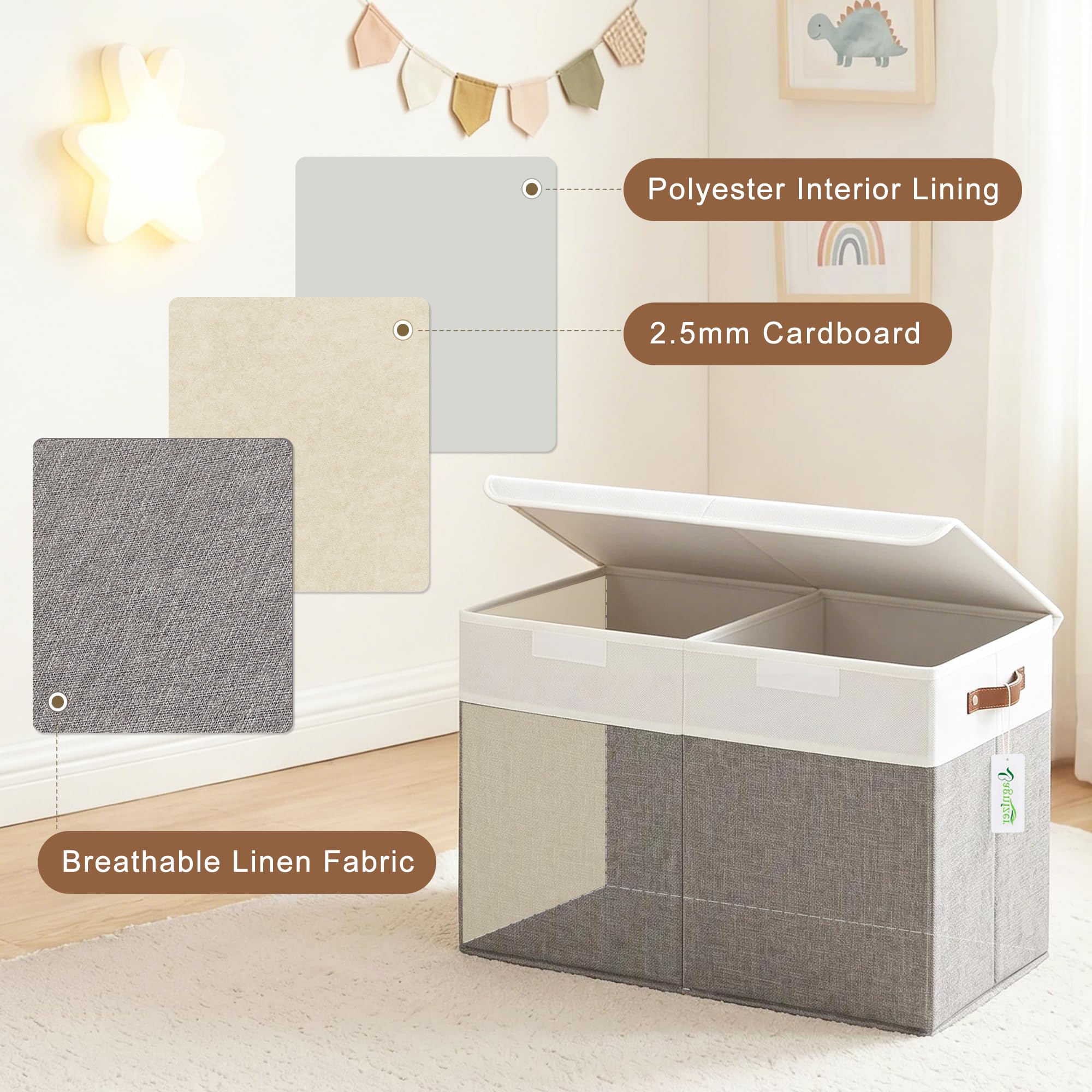 Caja de juguetes grande con tapa, plegable, resistente, organizador de almacenamiento de juguetes, cestas para niños, gris y blanco