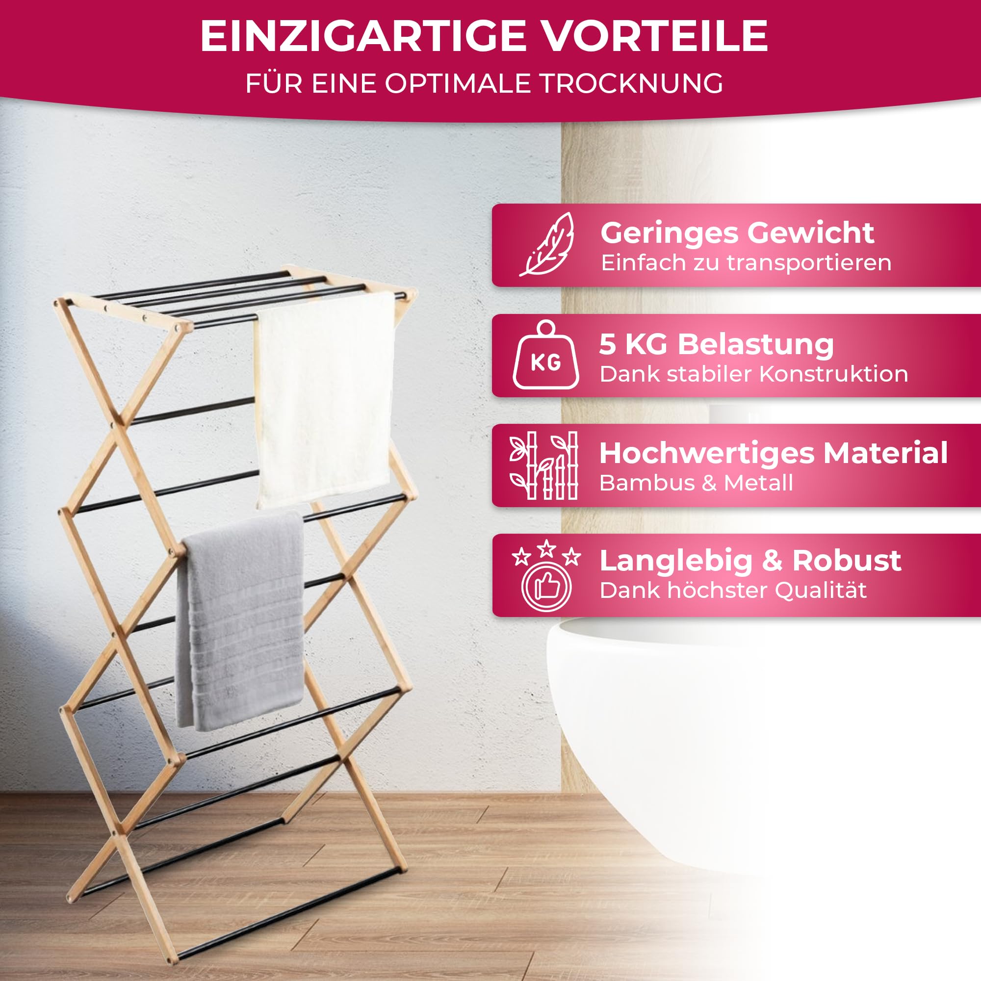 Suleno Bambus Wäscheständer Bali, 57x113cm Klappbar & Ausziehbar | Platzsparend, 11 Metallstangen, 6 Ebenen, Leicht, Ideal für kleine Wohnungen, Enge Räume & Balkon, Innen/Außen, Faltbar, Turm