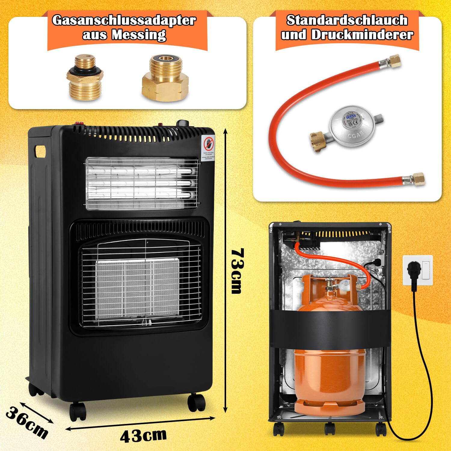 Chauffage à gaz 4200 W, chauffage électrique 1260 W, brûleur infrarouge en céramique, avec régulateur de pression de gaz et tuyau à gaz, four à gaz, bouteilles de gaz butane ou propane jusqu'à