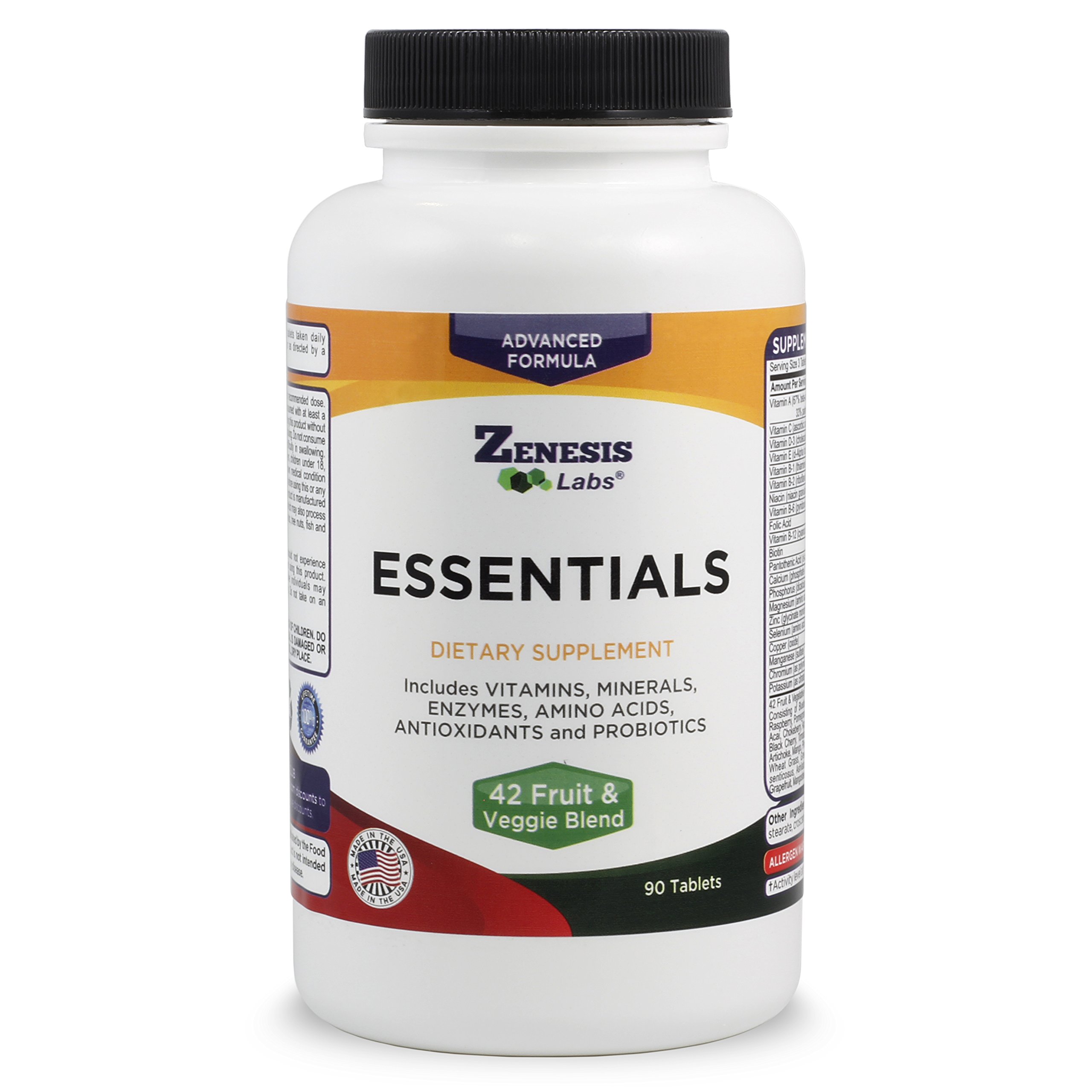 Zenesis Labs Essentials - a Natural & Nutrient Rich Multi-Vitamin - with Minerals, Enzymes, Amino Acids, Antioxidants and Probiotics - 90ct