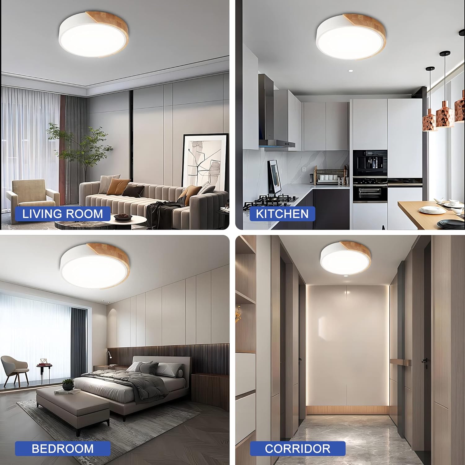 Flush Mount Ceiling Light, 12 inch LED Ceiling Light Fixture, Matte White with Wood, 4500K/24W(150w Equiv.), Not Dimmable Indoor Lighting Fixtures Ceiling for Bedroom and Hallway