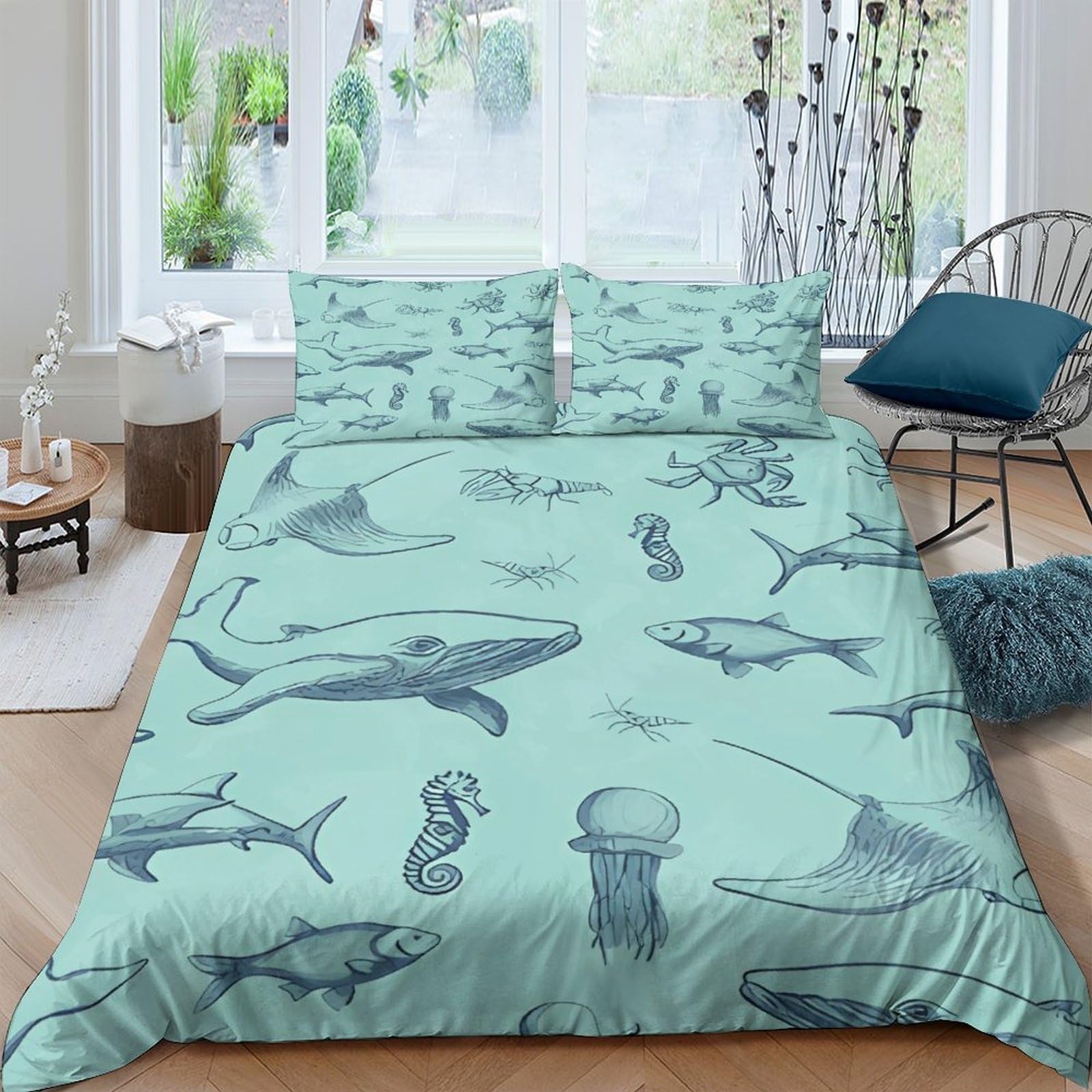 Housse de couette hippocampe et baleine 200x200 cm avec taies