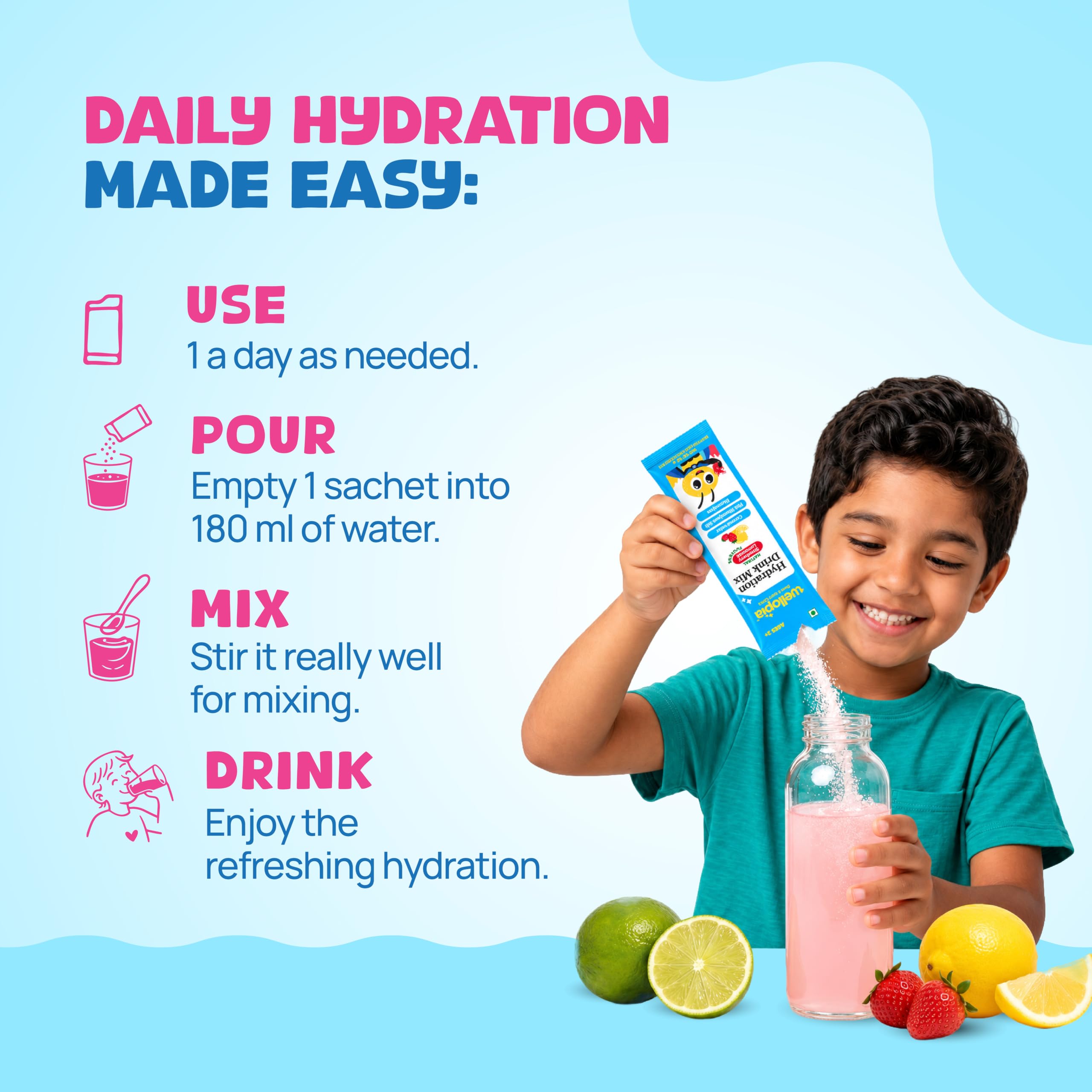 Wellopia Kids Hydration Drink Mix | Coconut Water, Pink Himalayan Salt & Electrolytes | Natural Strawberry Lemonade | No Added Sugar | 15 Sachets (Ages 2+) — Amazon image 6