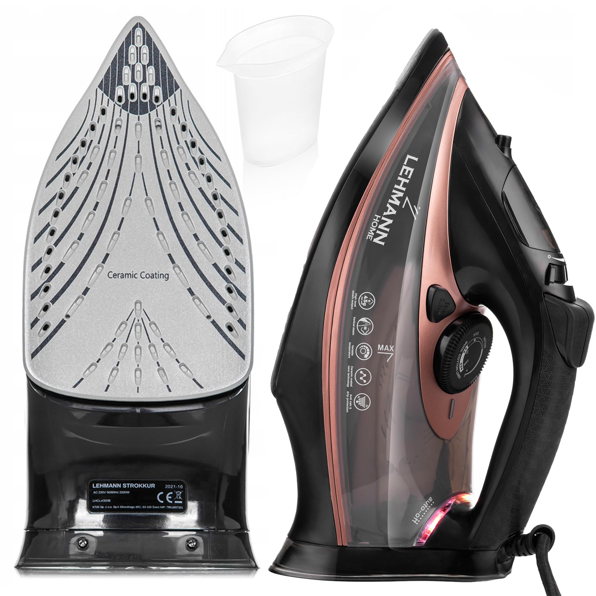LEHMANN Żelazko parowe, 3000 W, uderzenie pary do 140 g, żelazko z ceramiczną stopą, zbiornik na wodę 380 ml, pionowa para, automatyczne wyłączanie, ochrona przed osadzaniem się kamienia i