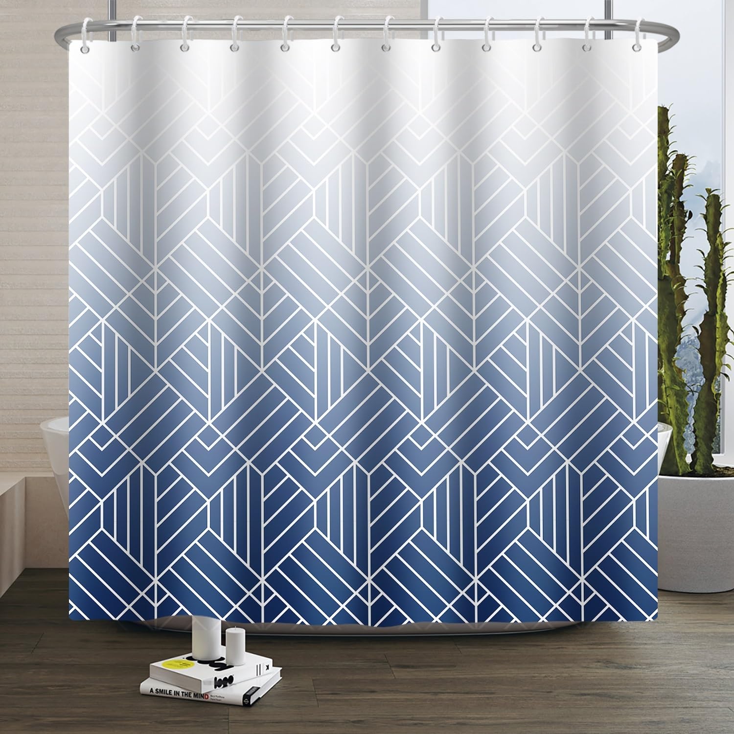 Xiaoterna 120x200cm Modern Abstract Stripes Shower Curtain White Blue Gradient Lines Waterproof Polyester Bathroom Curtain Geometry Aesthetics Washable Mildew Resistant Bathroom Decorative Fabric โ image 1