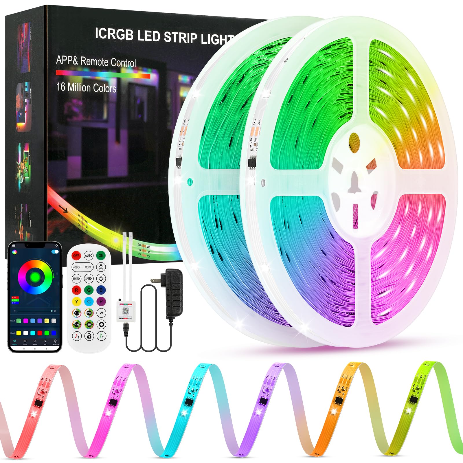 Led Lights for Bedroom, IC+RGB 100FT(2 Rolls of 50ft) Strip Lights, 24Key Remote with App Control, Music Sync Color Changing Lights for Room Decor Party