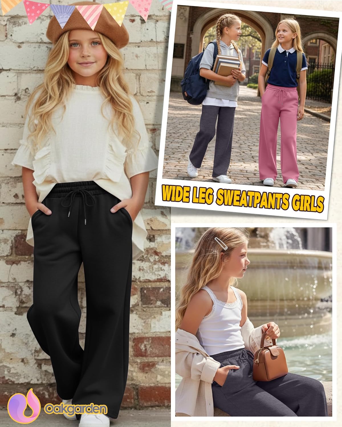 3 Pack Girls' Sweatpants Wide Leg Drawstring Athletic Pants Kids Elastic Waist Baggy Casual Joggers with Pockets - Image 2