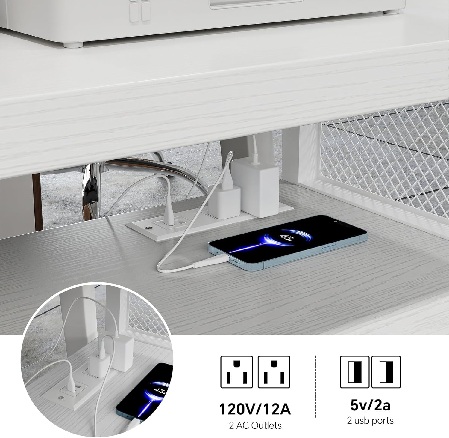 FUSUNBAO Farmhouse Printer Stand with Storage, Rolling Printer Cabinet with Shelves, Charge Station, Wheels, and File Cabinet for Home Office Storage (White)