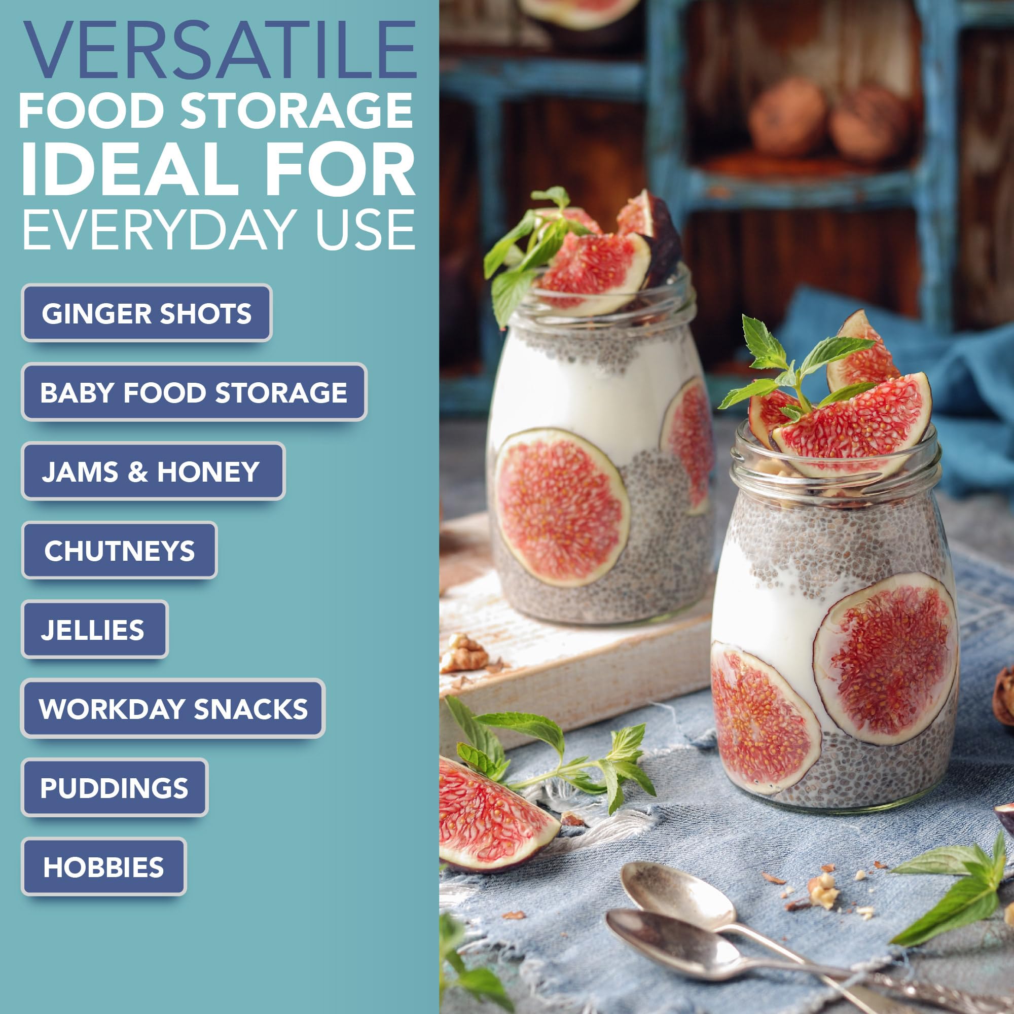 HEFTMAN Tarros pequeños de vidrio con tapas, juego de 6 botellas de chupito de vidrio herméticas vacías de 100 ml con tapas, tamaño de viaje, ollas a prueba de fugas, ollas de yogur, mini tarros de