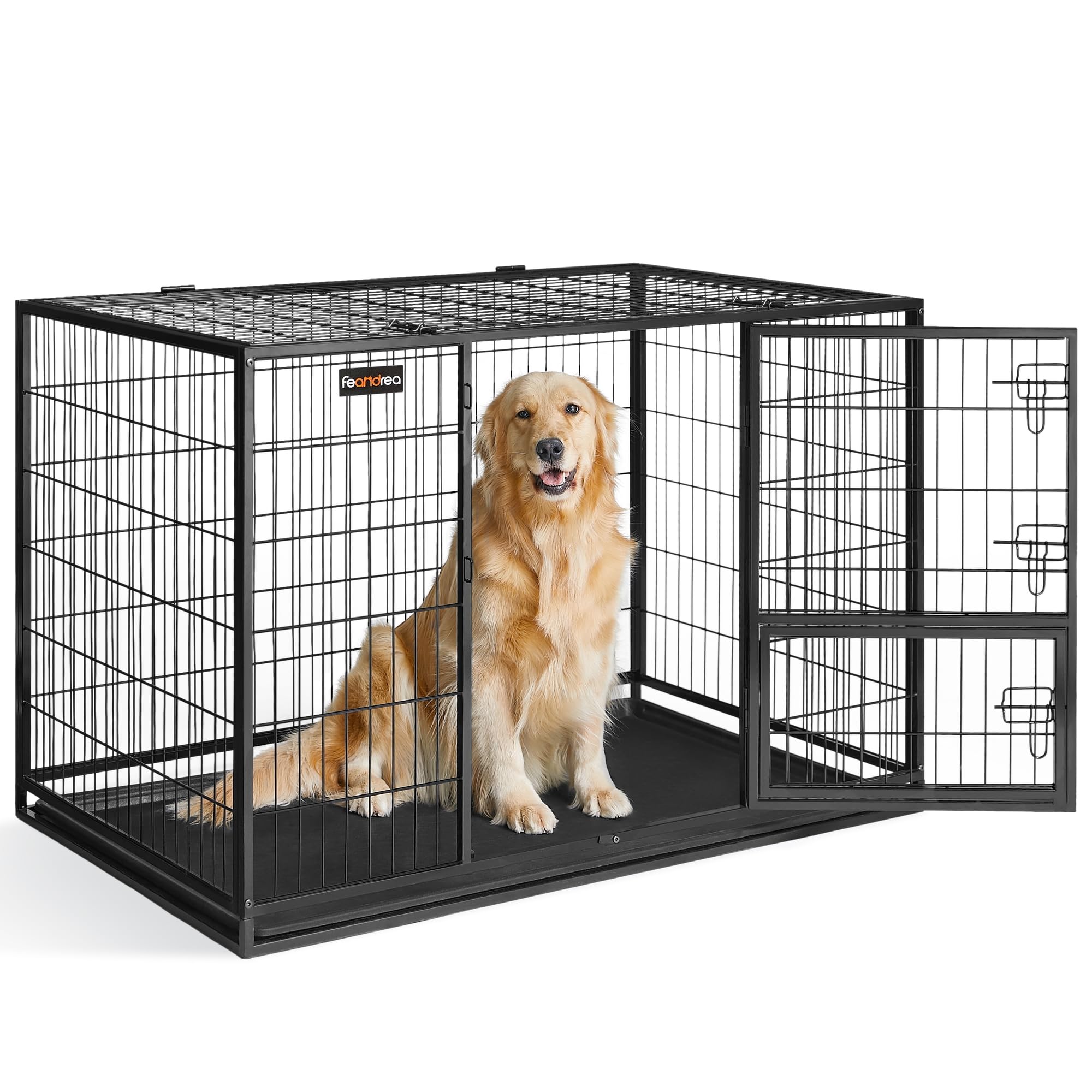 Feandrea Heavy-Duty Dog Crate, Dog Cage, 122 x 74.5 x 80.5 cm, for Medium and Large Dogs, Double Removable Door, Easy Cleaning, Pet Cage, XXL, Black PPD003B01