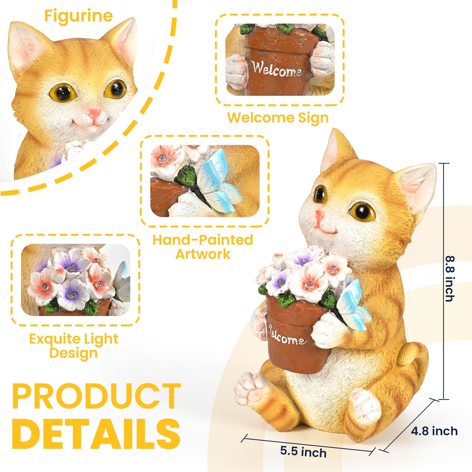 Solar Garden Decor Flower Pot Cat Statues Outdoor,Decorations for Patio, Balcony, Backyard, Lawn Ornaments - Cat Statue with Flower Pot- Unique Cat Lover Gifts for Mom, Grandma, Women - 3