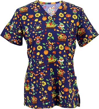Green Town Spooky Halloween Workwear Printed V-Neck Scrub Tops for Women - Small to 3X