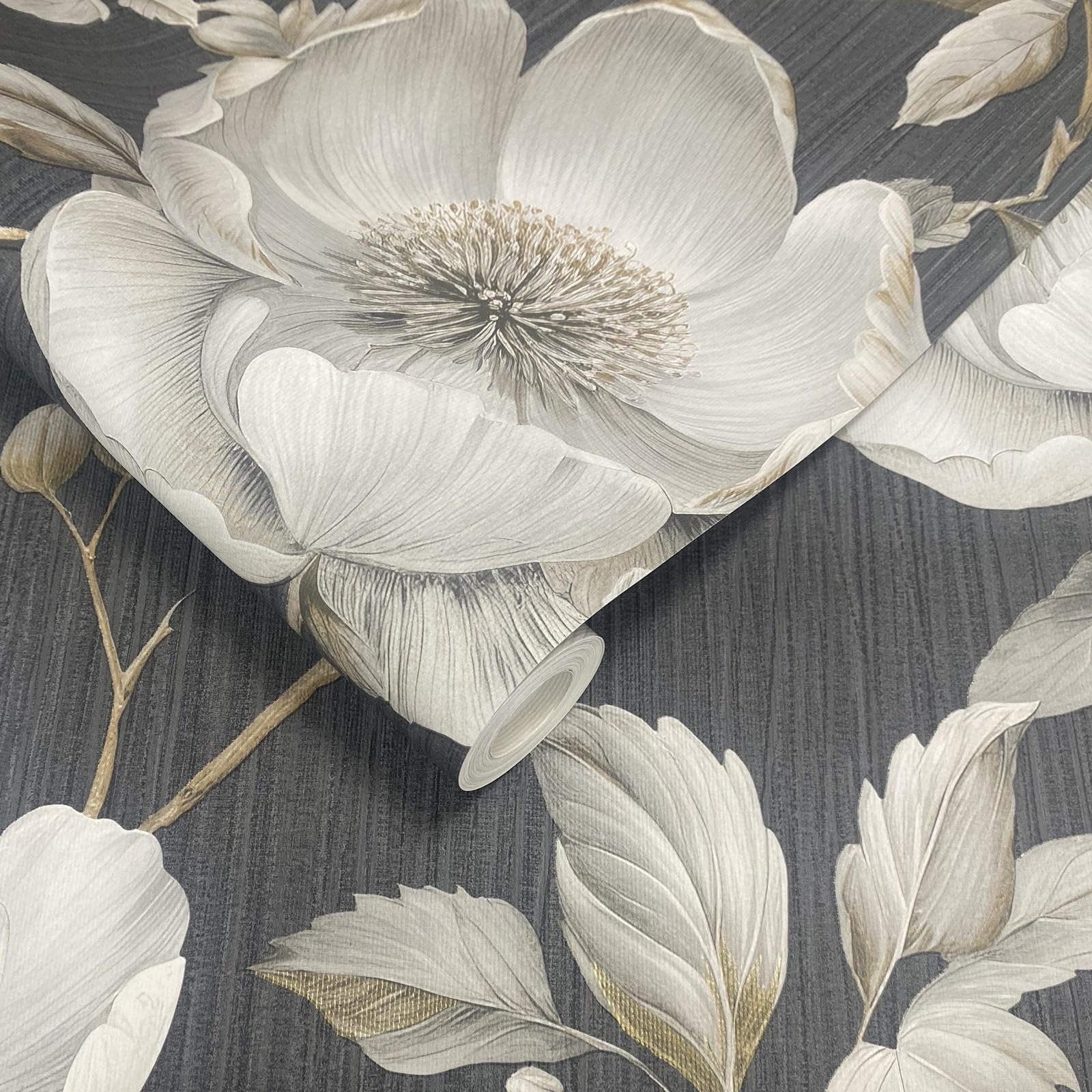 Sophie Laurence Charcoal Gold Cream Grey Charcoal Gold Floral Wallpaper For Living Room Grey Leaf Textured Metallic Shimmer Bedroom Hall