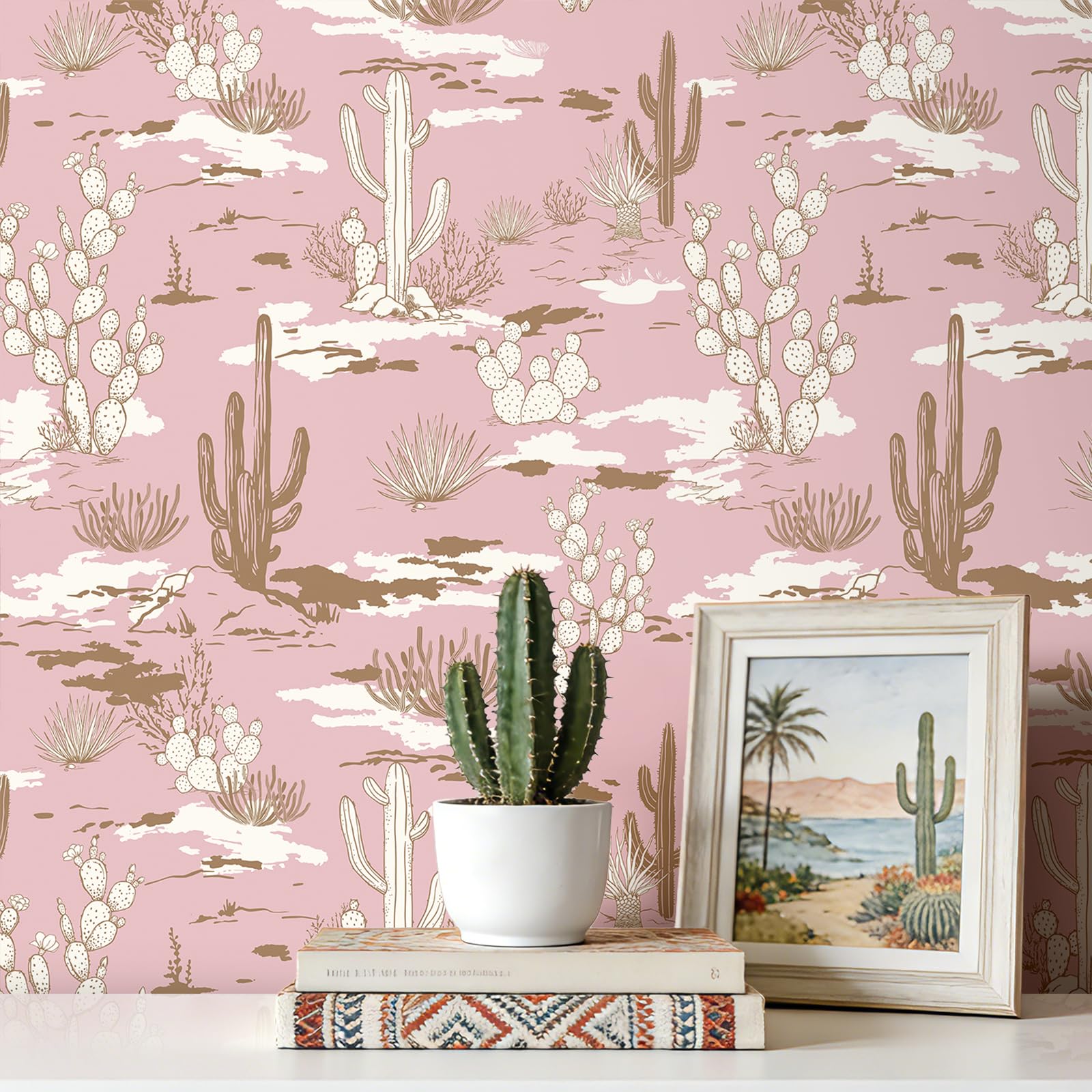 FunStick 44.5CMx9M Papel Pintado Rosa Flores Cactus Papel Pintado Pared Dormitorio Habitación Planta Suculenta Vinilos Rosa para Muebles Armarios Decorativo Vinilo Adhesivo Pared Hojas Cactus Desierto