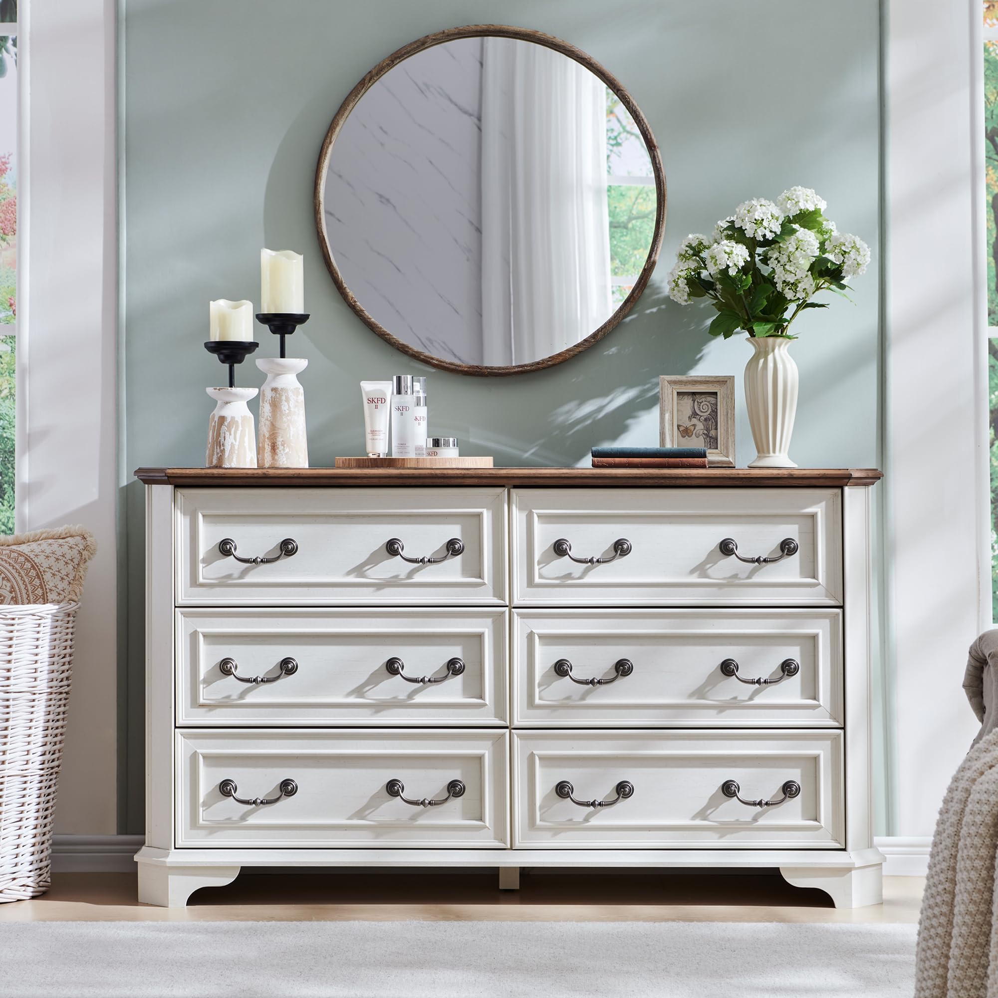Landhaus Kommode mit 6 Schubladen für Schlafzimmer, 137 cm breite rustikale Holzkommode mit natürlicher Textur, Vintage Design, Sideboard Organizer für Wohnzimmer, Antik Weiß