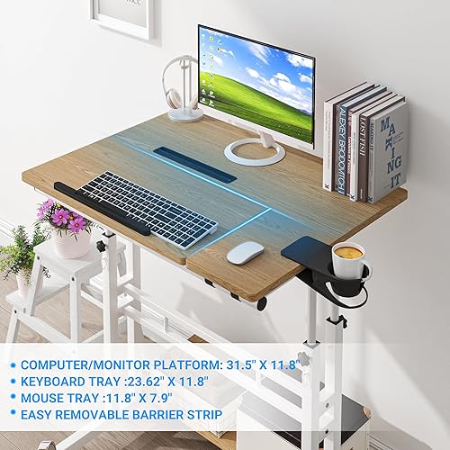Vista 32 de Escritorio móvil de pie, escritorio ajustable para computadora con 3 escritorios, mesa portátil para laptop con soporte para tazas, estación