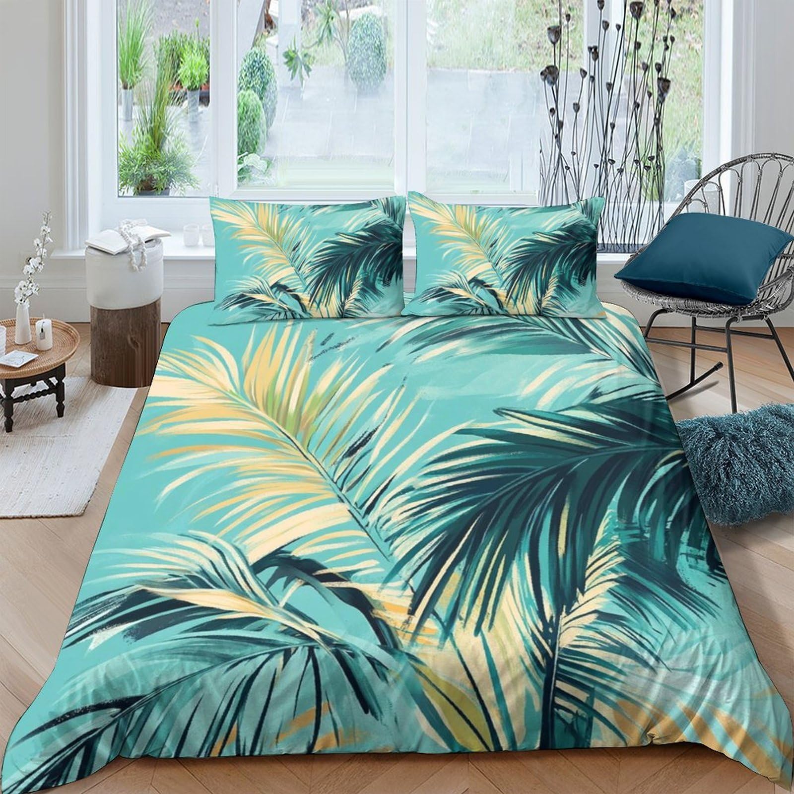 GPLZQXKJNH 3D Printed Tropical Palm Leaves Duvet Cover Microfiber Soft Breathable Jungle Bedding Set with 2 Pillowcases for Bedroom Decor, Green Yellow Single（135x200cm）