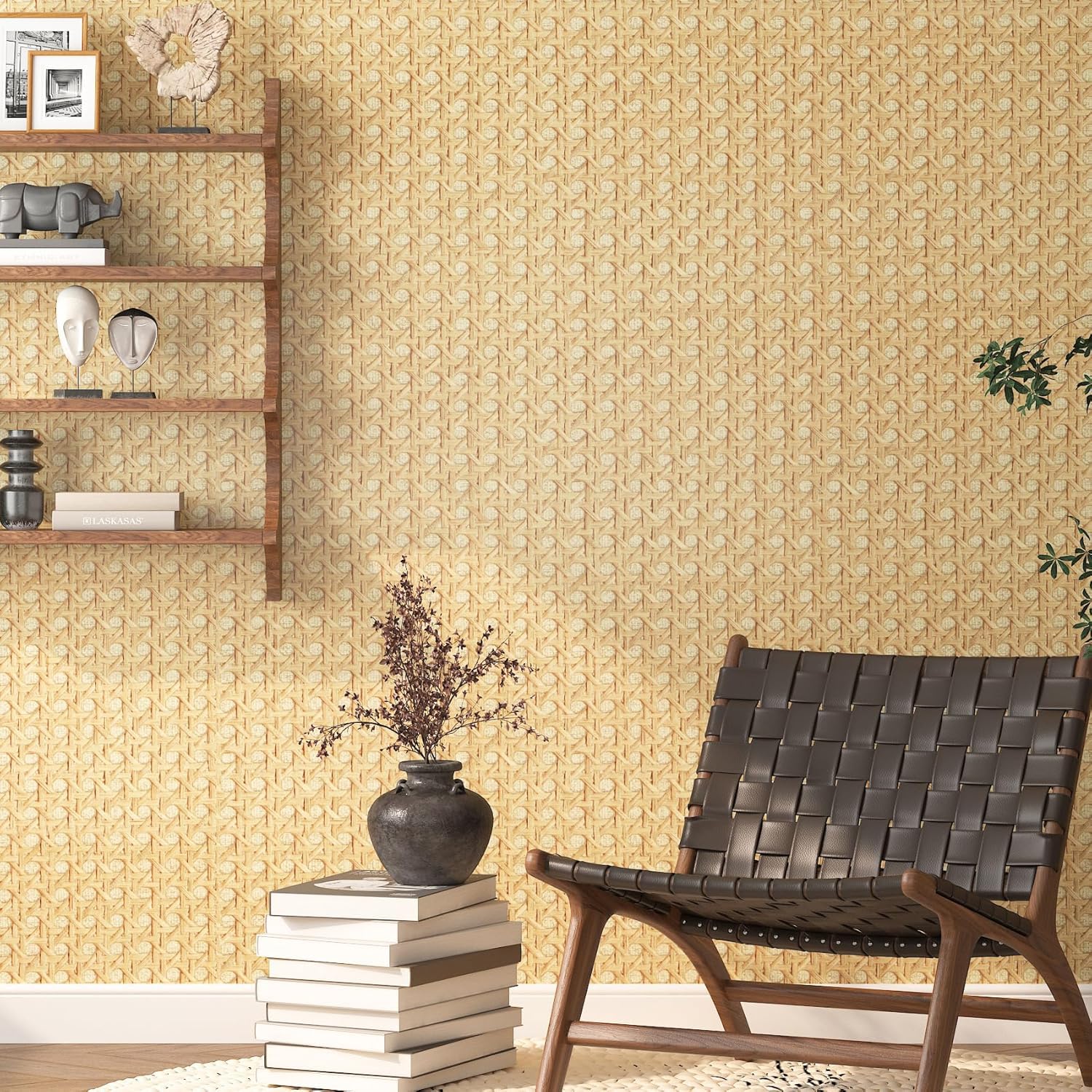 FunStick 60CMx5M Papel Pintado Pared Dormitorio Madera Vinilo Decorativo Puerta Armario Lavable Papel Pintado Efecto Ratan Tejida Caña Vinilo Adhesivo Pared Salon Baño Vinilos Adhesivos para Muebles