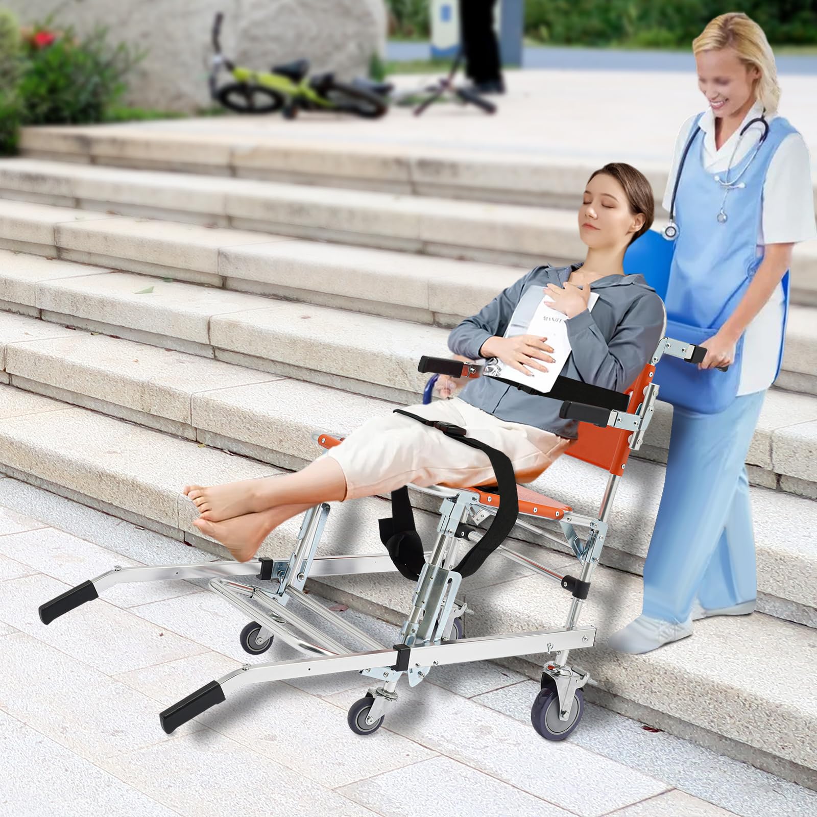 EMS - Silla de ruedas plegable para escaleras de aleación de aluminio, con 2 cinturones de seguridad, plegable hasta 159 kg