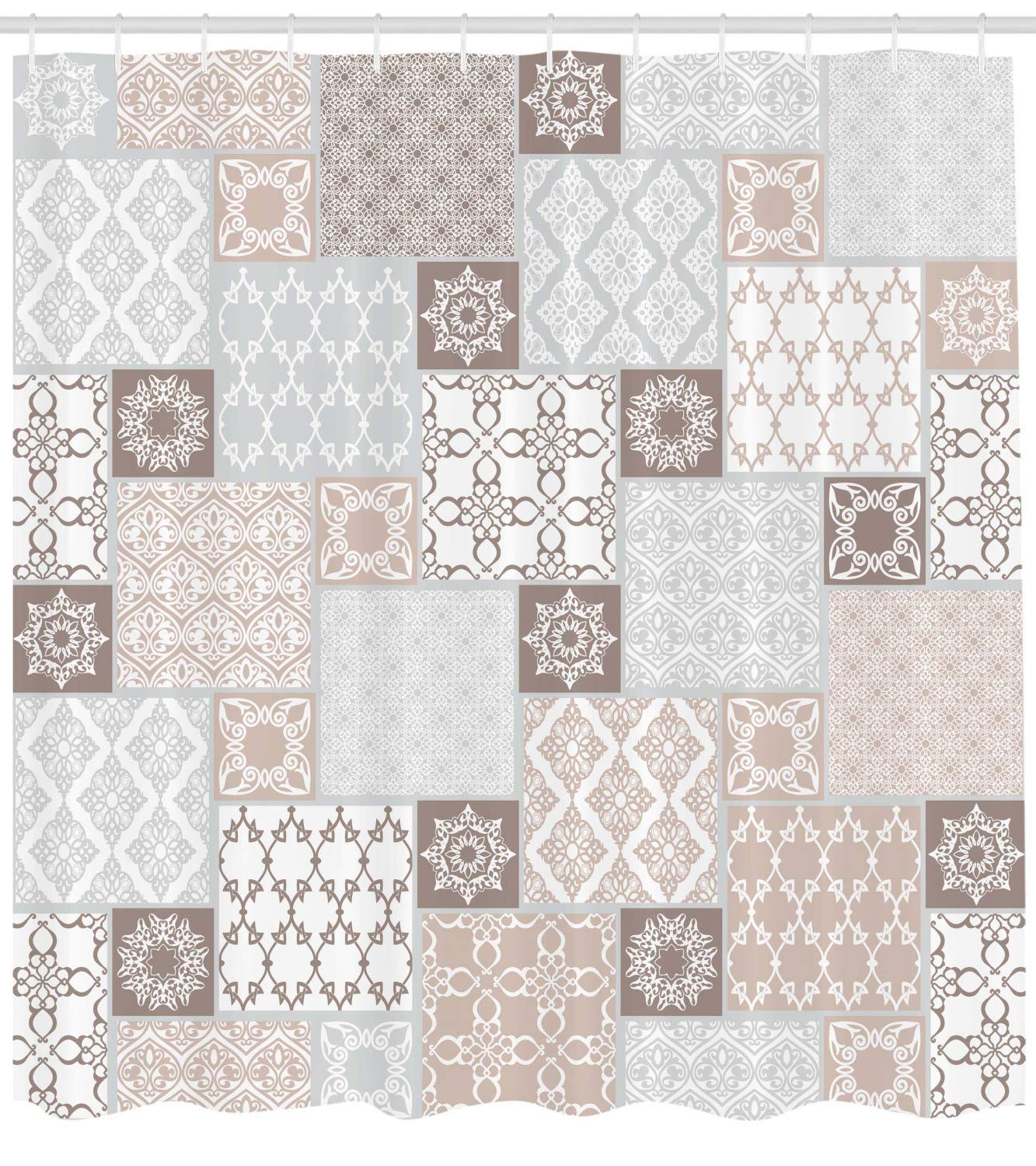 Rideau De Douche Oriental Pastel - 175x180 Cm, Polyester, 12 Crochets Inclus, Blanc Beige Gris - 2